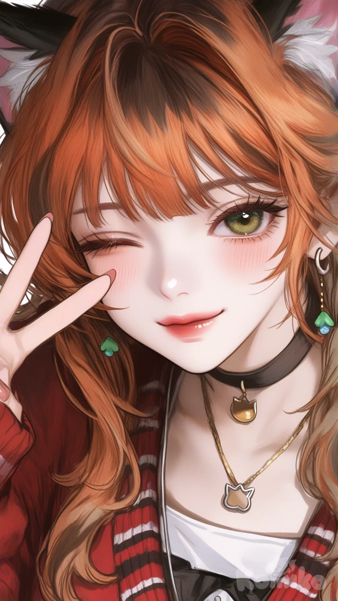 one eye closed, [semi-realistic-portrait-style], v sign, blush, warm smile, closed mouth, cat ears, earrings, necklace, choker, knitted cardigan, @Peni_Parker