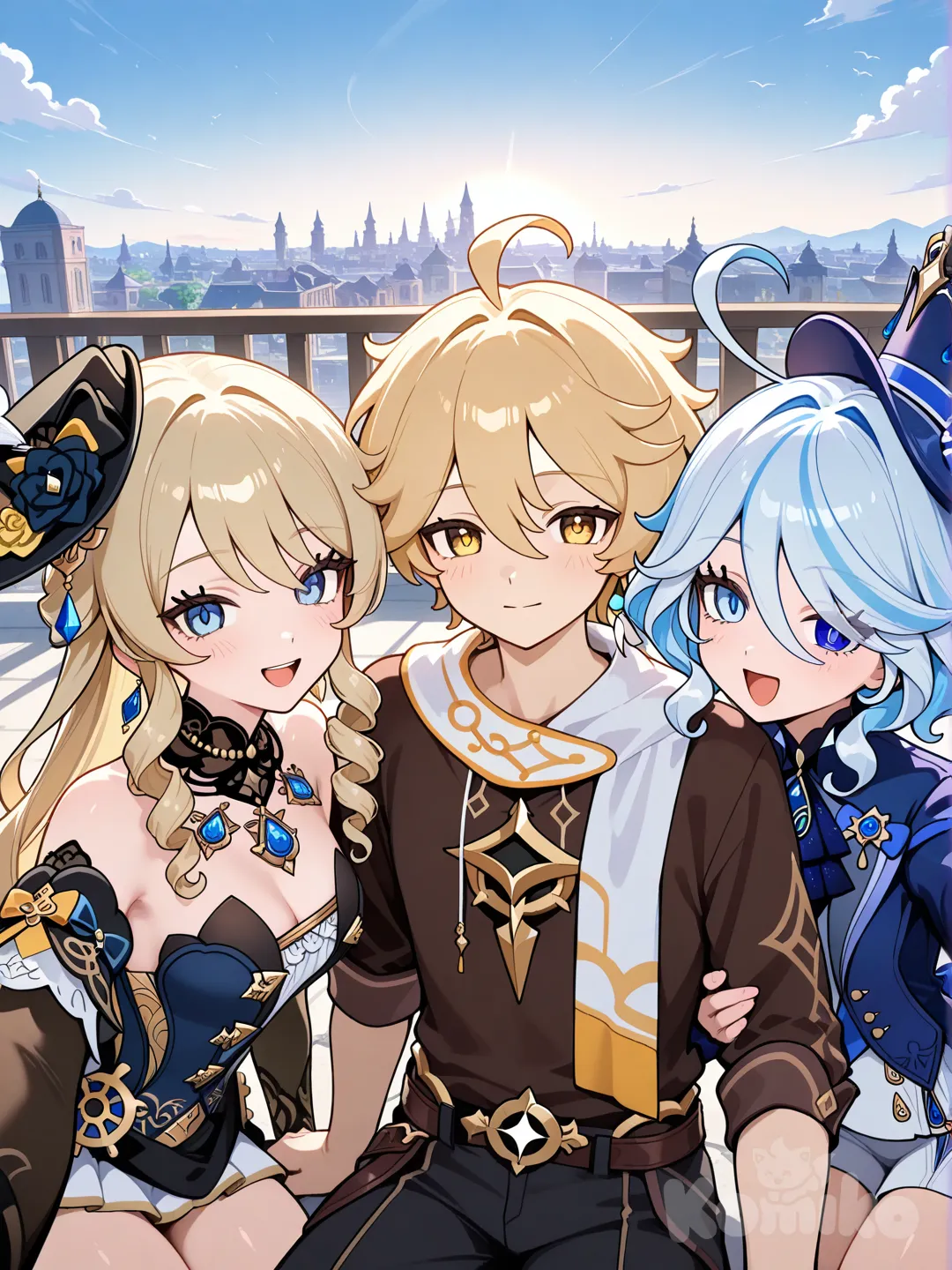 @Aether_(Genshin_Impact), @Navia_(Genshin_Impact), @Furina_(Genshin_Impact), selfie, sitting on the ground, smile, laughing, expressionless, upper body, side light, cityscape, blue sky