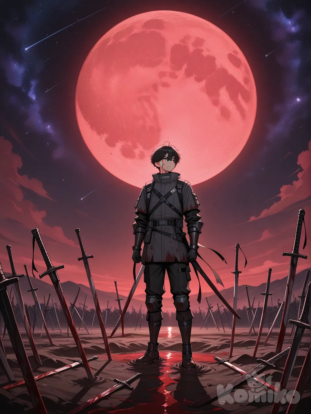 1000 swords stabbed in the ground,blood moon,1male standing in middle covered in mud/blood, looking away, full body, closeup, wide shot, day, cosmic background