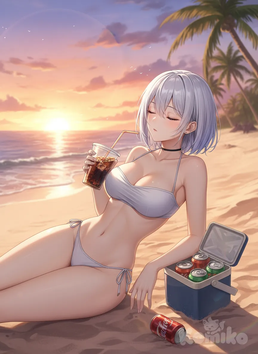 <vera-ravii-Jd1f>, beach, white little soft bikini , laying down, closed eyes, drinking straw, soda cans beside her in cooler, sunny day, relaxed, anime style, anime style, sunset
