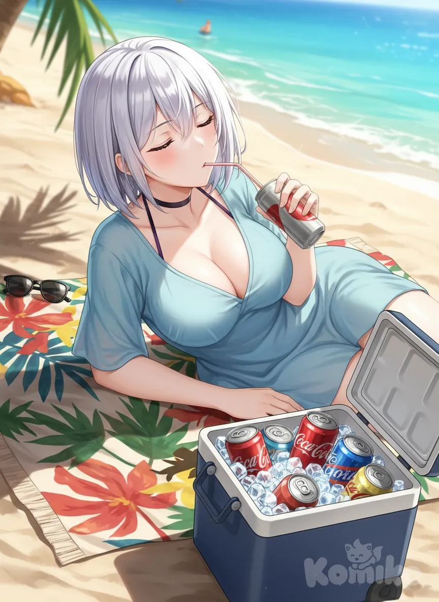 <vera-ravii-Jd1f>, beach, laying down, closed eyes, drinking straw, soda cans beside her in cooler, sunny day, relaxed