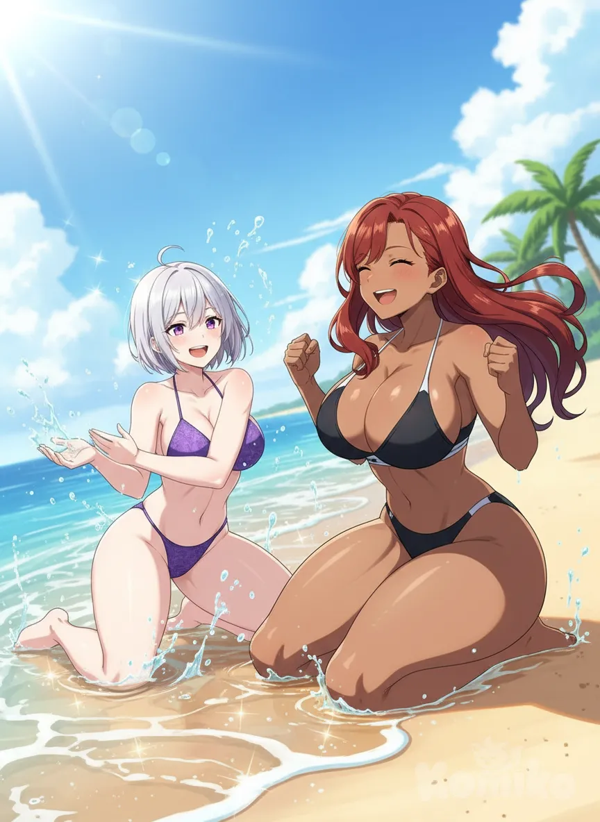 <flare-ER9k>, <vera-ravii-Jd1f>, beach, little bikini , laying down, Playing in the water, splash , nood , funny , sunny day, relaxed, anime style, anime style, anime style