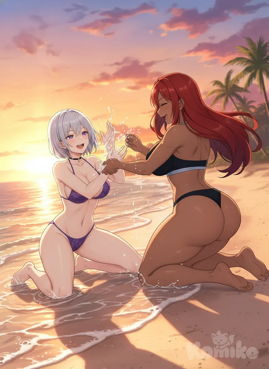 <flare-ER9k>, <vera-ravii-Jd1f>, beach, little bikini , laying down, Playing in the water, splash , nood , funny , sunny day, relaxed, anime style, anime style, anime style, anime style , sunset , have a wedgie