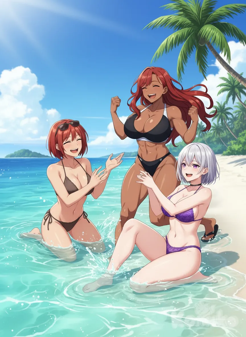 <olifar-mTjJ>, <flare-ER9k>, <vera-ravii-Jd1f>, beach, little bikini , laying down, Playing in the water, splash , nood , funny , sunny day, relaxed, anime style, anime style, anime style, anime style, anime style