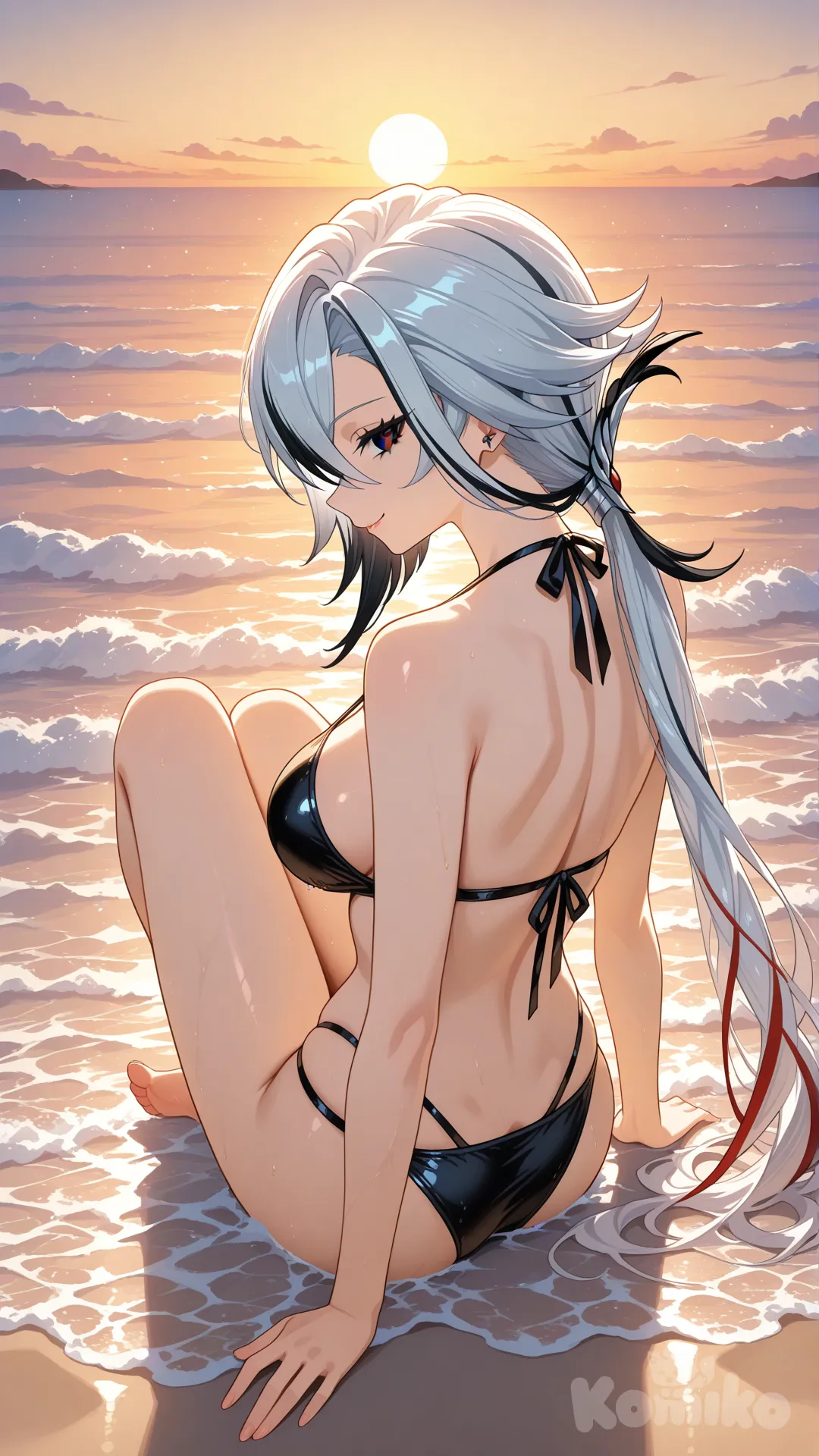 @Arlecchino_(Genshin_Impact)
#soft lighting
#sfw
#hyper-warm lighting
#mogudan-style depth
#outdoor_beach_sunset
#serene and nostalgic
#calm waves,
#Sitting facing the sea
#full body ,little black bikini , sexy smile , from above ,day ,front profile photo , big boobs, Playing the water, funny , relaxed, anime style