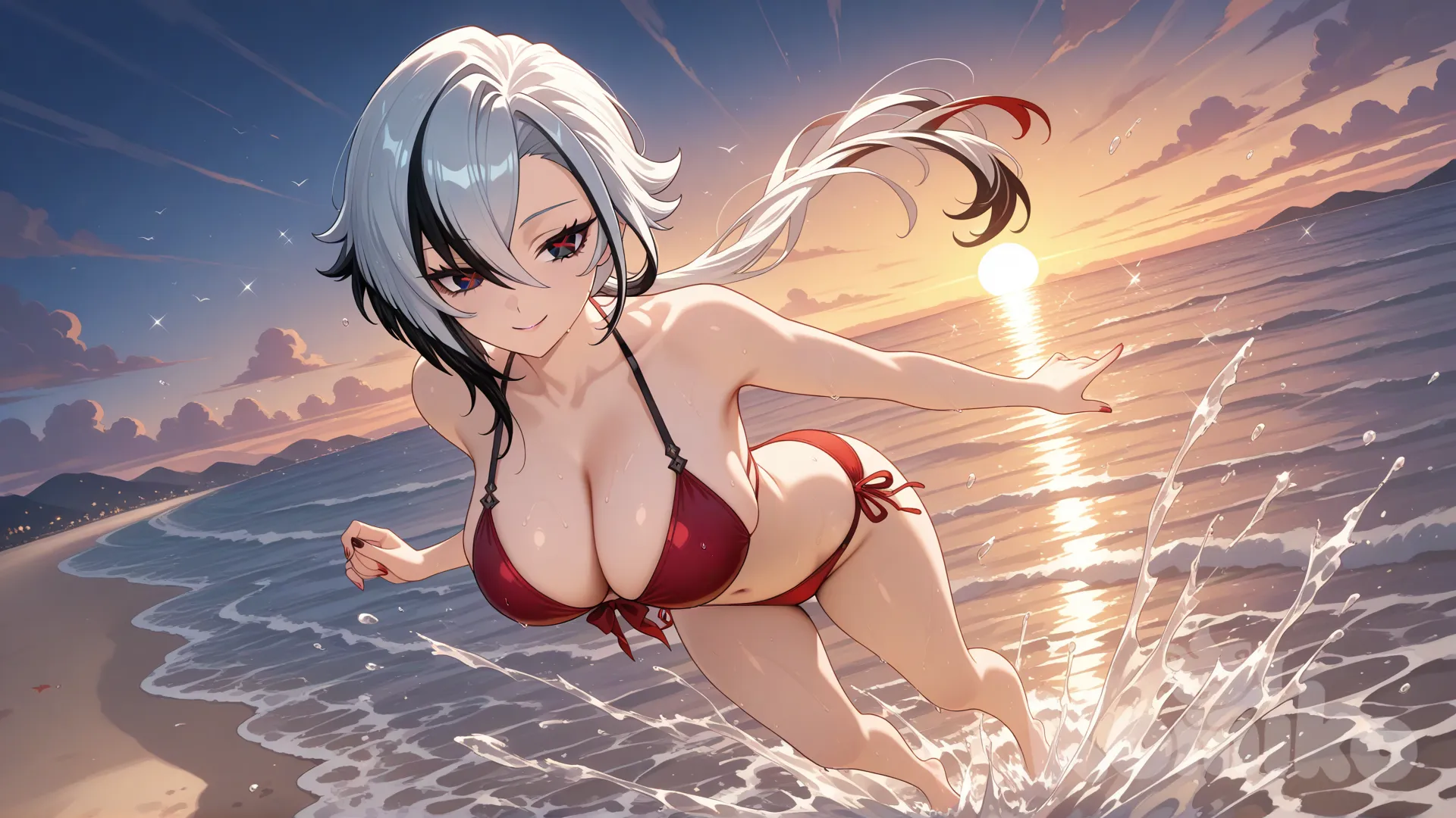 @Arlecchino_(Genshin_Impact)
#soft lighting
#sfw
#hyper-warm lighting
#mogudan-style depth
#outdoor_beach_sunset
#serene and nostalgic
#calm waves, 
#full body ,little red bikini, sexy smile , from above ,day ,front profile photo , big boobs, Playing the water, funny , relaxed, anime style