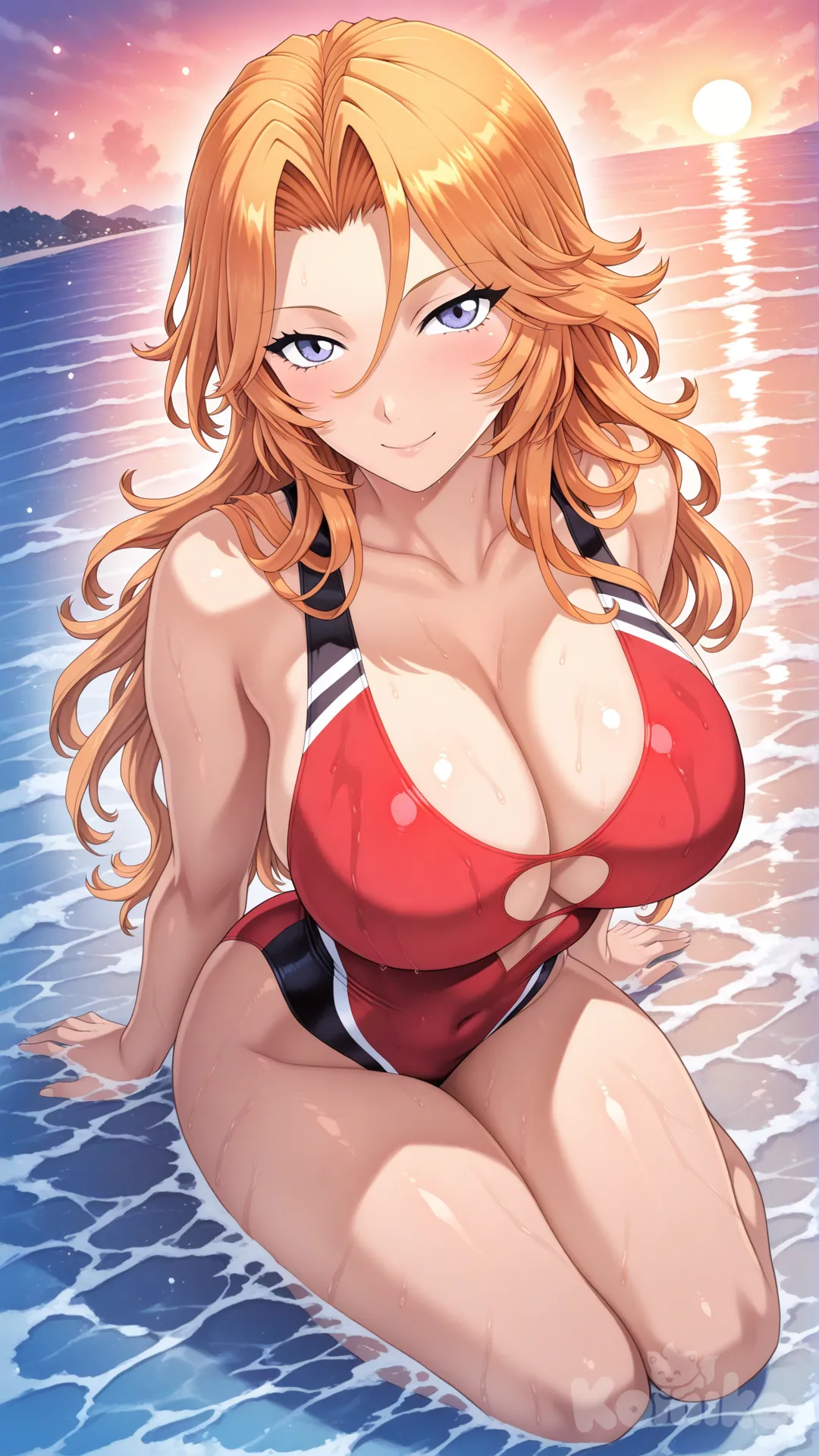 @@Rangiku Matsumoto_(bleach)
#soft lighting
#sfw
#hyper-warm lighting
#mogudan-style depth
#outdoor_beach_sunset
#serene and nostalgic
#calm waves, 
#Sitting facing the sea
#full body , black and red onepiece bikini , sexy smile , from above ,day ,front profile photo , Playing the water, funny , relaxed, anime style