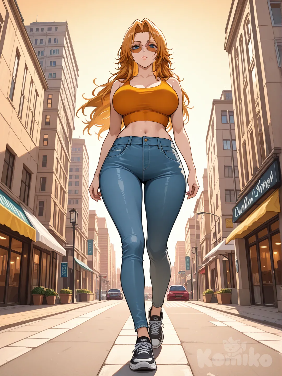 @Rangiku Matsumoto_(bleach)

#big sister style , Very good figure , 

#front view 

 # upper body (Focus on the upper body, from the waist up.)

#looking at viewer #full body#, up view , #full body ,from above , day , funny , relaxed, anime style , 

#cool post

,oreange Thin Cropped tank top , jeans , black running shoes , sun glasses

relax , Taking a stroll, walking on a sidewalk , on a eveing sunnyday , in the sreet in capital city , It has a view of the sea and beach as a backdrop