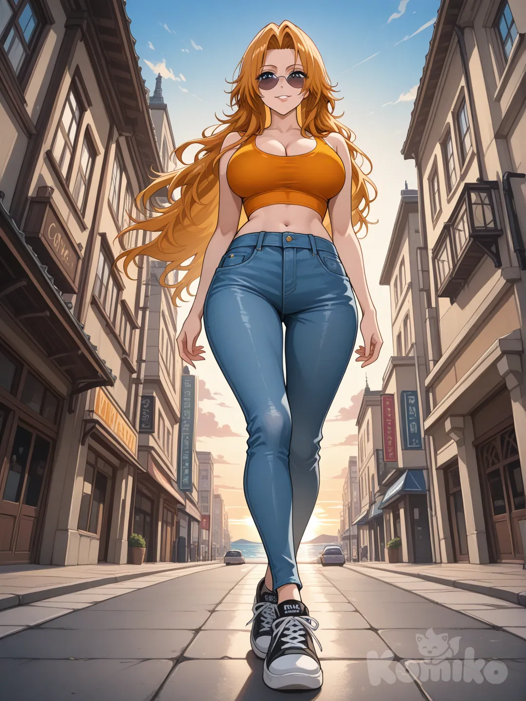 @Rangiku Matsumoto_(bleach)

#big sister style , Very good figure , 

#front view 

 # upper body (Focus on the upper body, from the waist up.)

#looking at viewer #full body#, up view , #full body ,from above , day , funny , relaxed, anime style , 

#cool post

,oreange Thin Cropped tank top , jeans , black running shoes , sun glasses

relax , Taking a stroll, walking on a sidewalk , on a eveing sunnyday , in the sreet in capital city , It has a view of the sea and beach as a backdrop