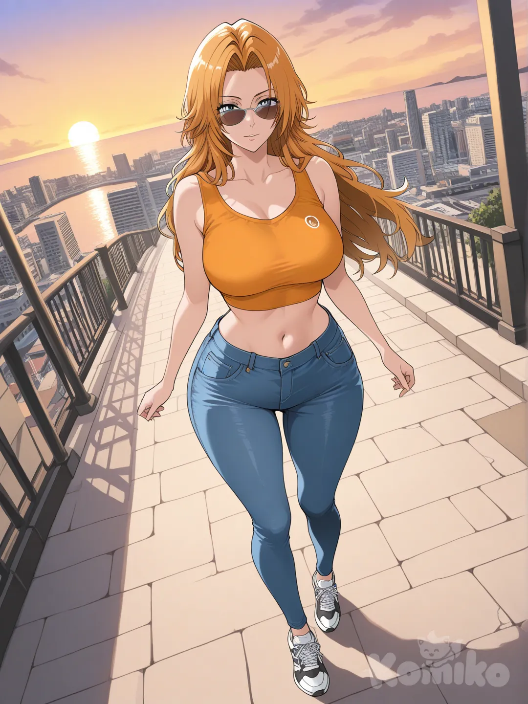@Rangiku Matsumoto_(bleach)

#big sister style , Very good figure , 

#side top view 

 # upper body (Focus on the upper body, from the waist up.)

#looking at viewer #full body#, up view , #full body ,from above , day , funny , relaxed, anime style , 

#cool post

,oreange Thin Cropped tank top , jeans , black running shoes , sun glasses

relax , Taking a stroll, walking on a sidewalk , on a eveing sunnyday , in the sreet in capital city , It has a view of the sea and beach as a backdrop