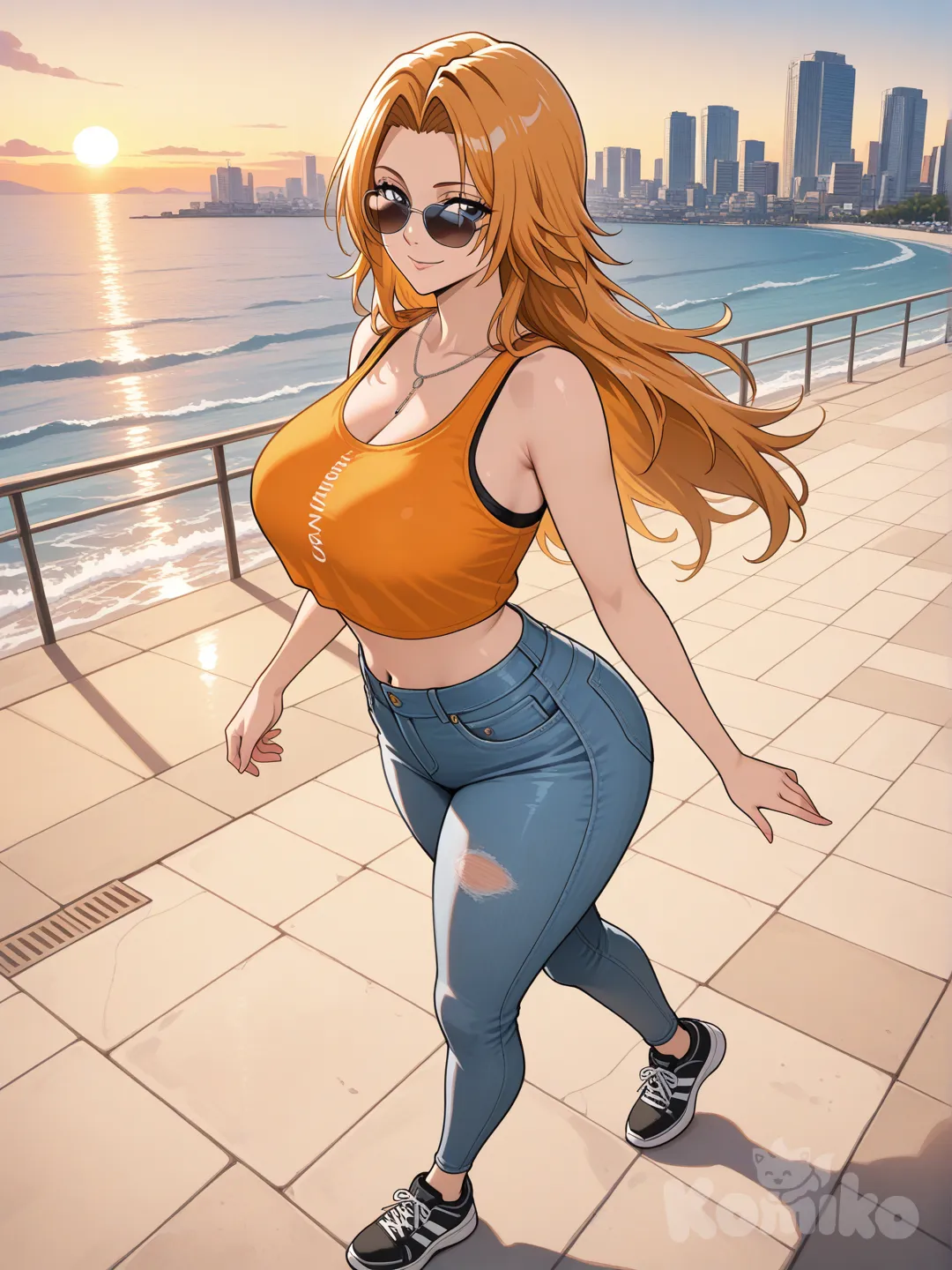 @Rangiku Matsumoto_(bleach)

#big sister style , Very good figure , 

#side top view 

 # upper body (Focus on the upper body, from the waist up.)

#looking at viewer #full body#, up view , #full body ,from above , day , funny , relaxed, anime style , 

#cool post

,oreange Thin Cropped tank top , jeans , black running shoes , sun glasses

relax , Taking a stroll, walking on a sidewalk , on a eveing sunnyday , in the sreet in capital city , It has a view of the sea and beach as a backdrop