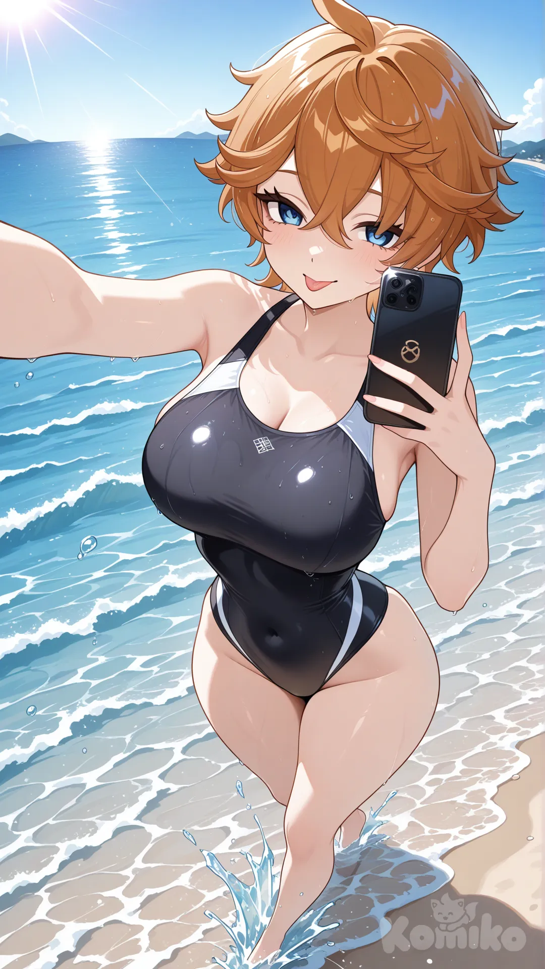@Tartaglia_(Genshin_Impact) as a woman 

#big sister style , Very good figure , 

#side view 

 # upper body (Focus on the upper body, from the waist up.)

#looking at viewer #full body#, up view , #full body ,from above , day , funny , relaxed, anime style , 

#cool post

#selfie post

, black swimming suite onepiece

relax , Taking a stroll, play water on a beach , splash , in a sunnyday , in the beach , It has a view of the sea and beach as a backdrop