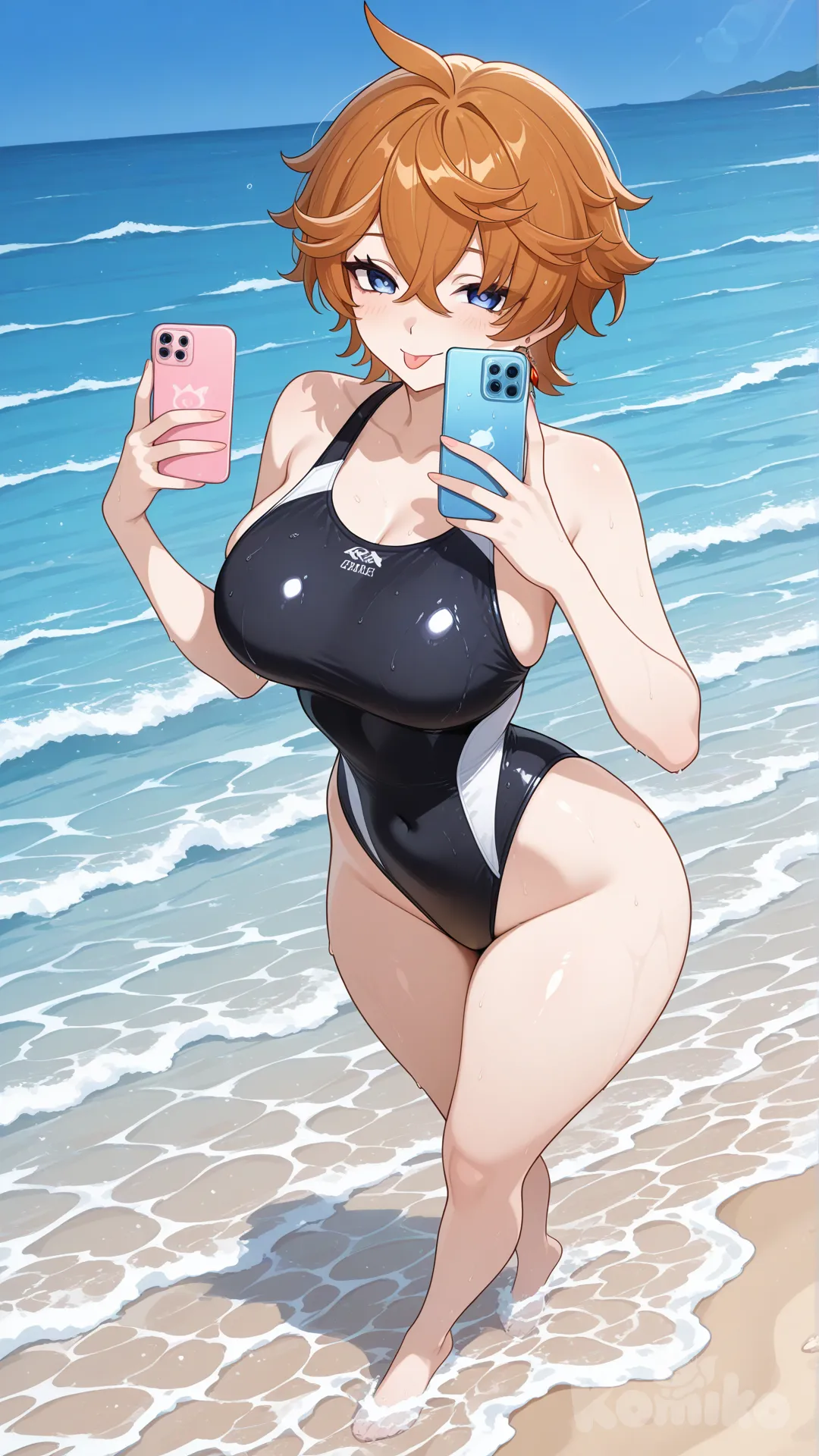 @Tartaglia_(Genshin_Impact) as a woman 

#big sister style , Very good figure , 

#side view 

 # upper body (Focus on the upper body, from the waist up.)

#looking at viewer #full body#, up view , #full body ,from above , day , funny , relaxed, anime style , 

#cool post

#selfie post

, black swimming suite onepiece

relax , Taking a stroll, play water on a beach , splash , in a sunnyday , in the beach , It has a view of the sea and beach as a backdrop