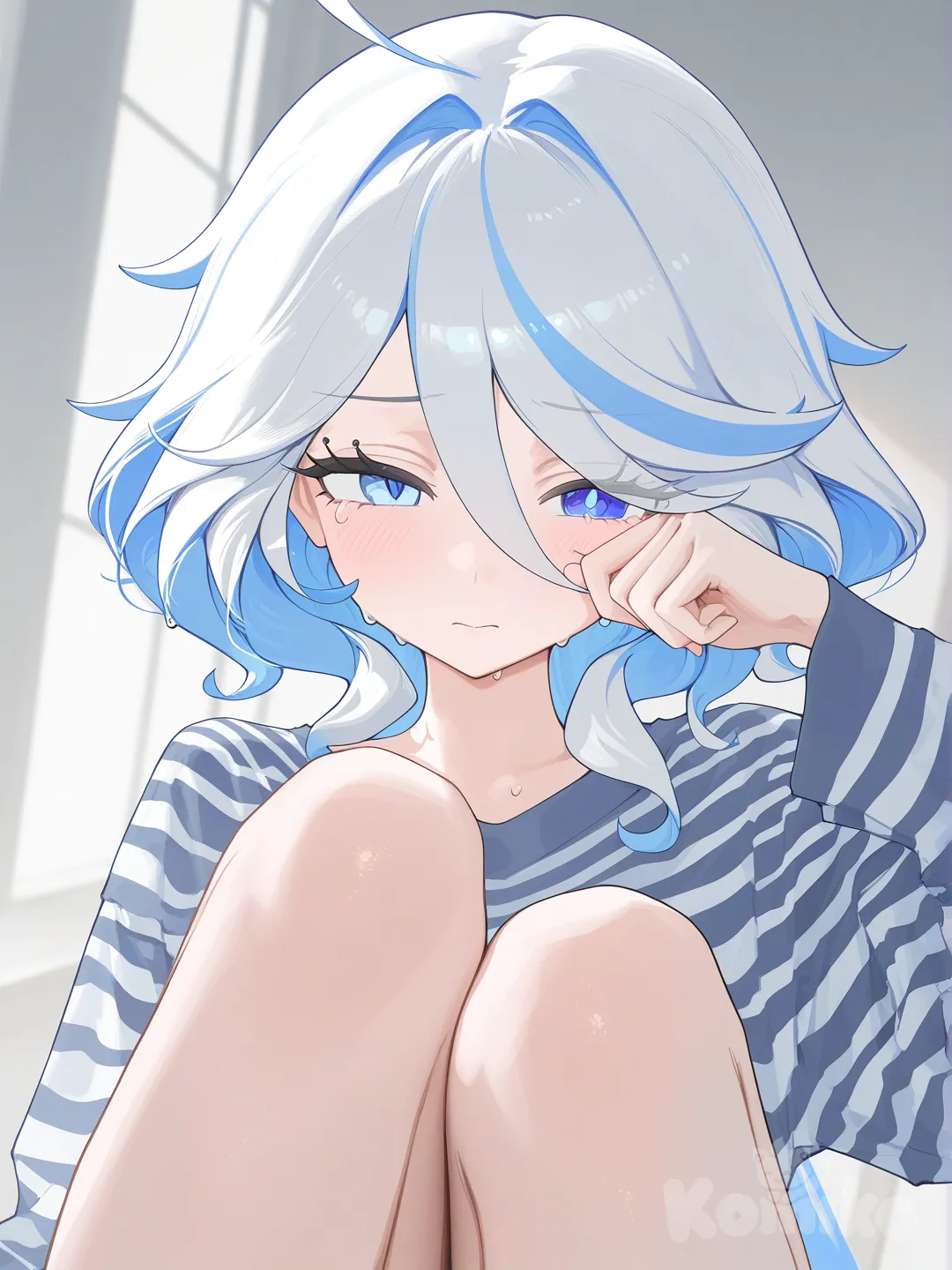 @Furina_(Genshin_Impact), [vibrant-anime-style], sitting on the ground, wiping tears, striped shirt, closeup