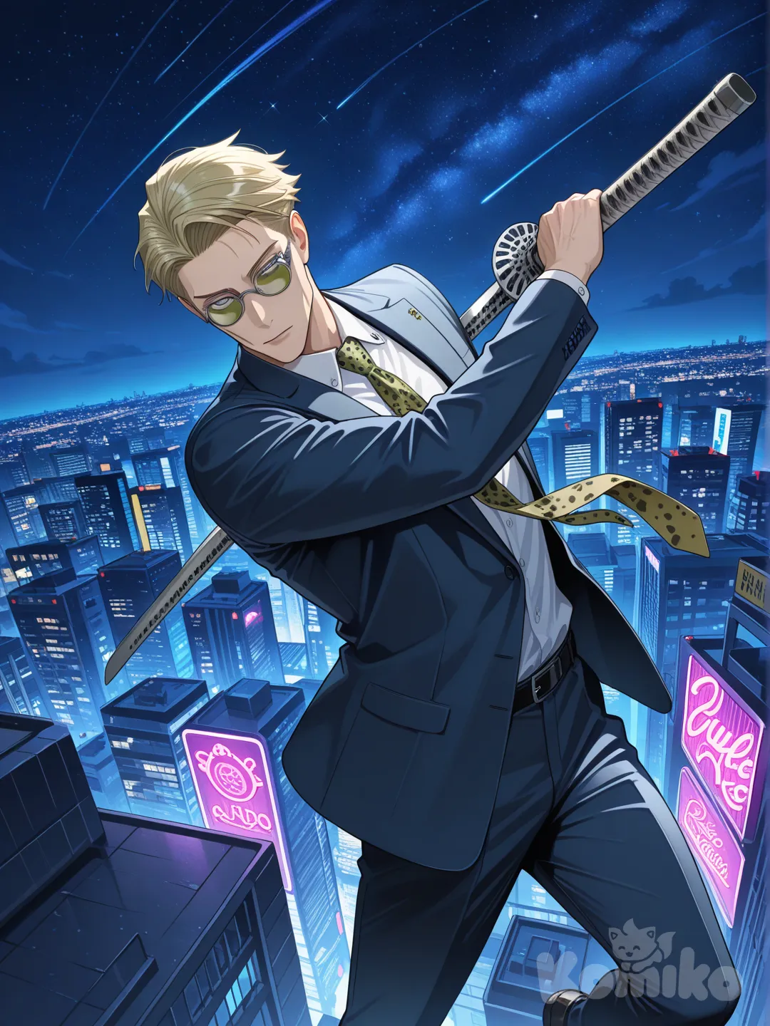 @Nanami_Kento, waving sword, looking at viewer, cityscape, night