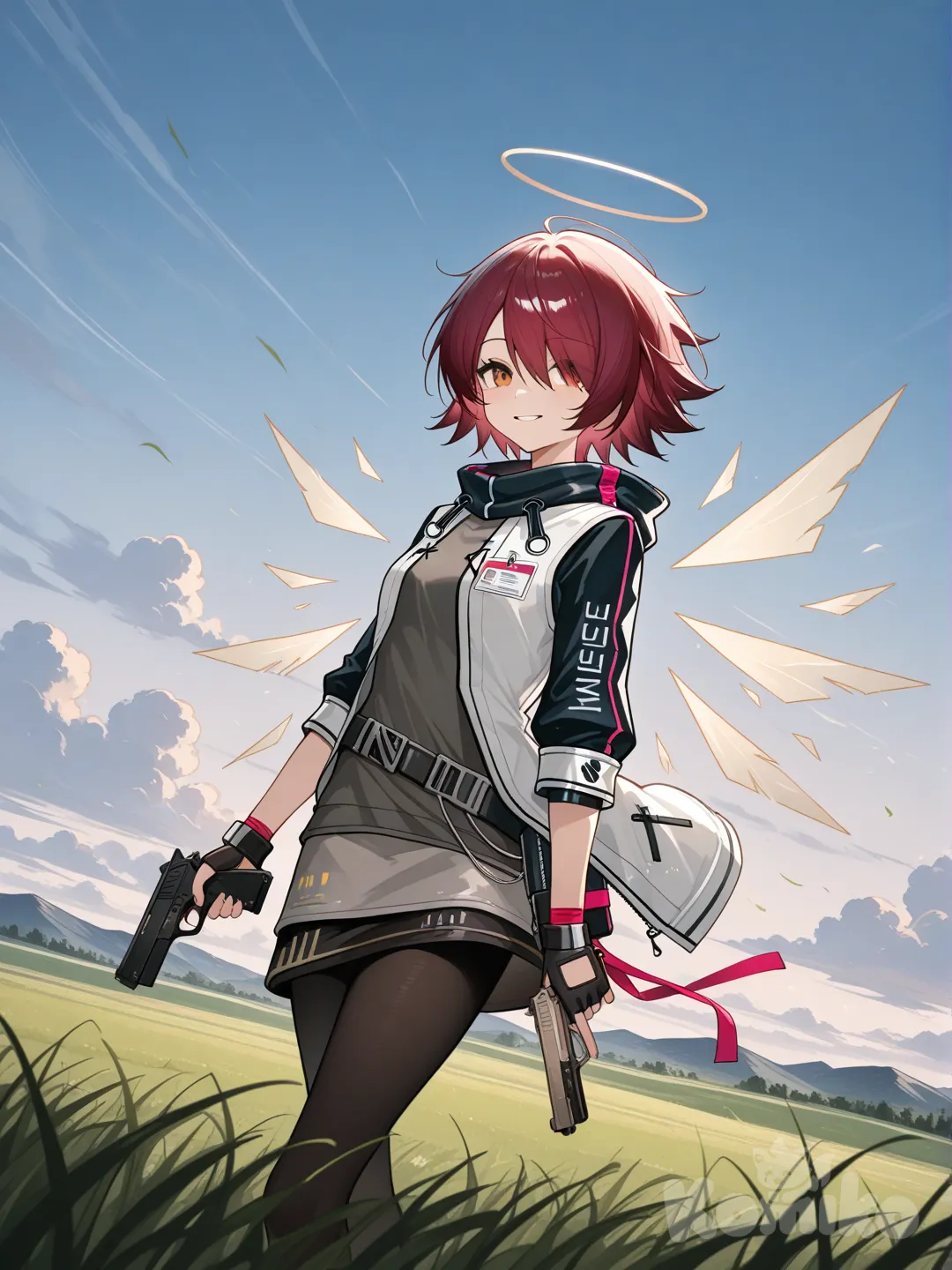 @Exusiai_(Arknights), holding gun, grassland