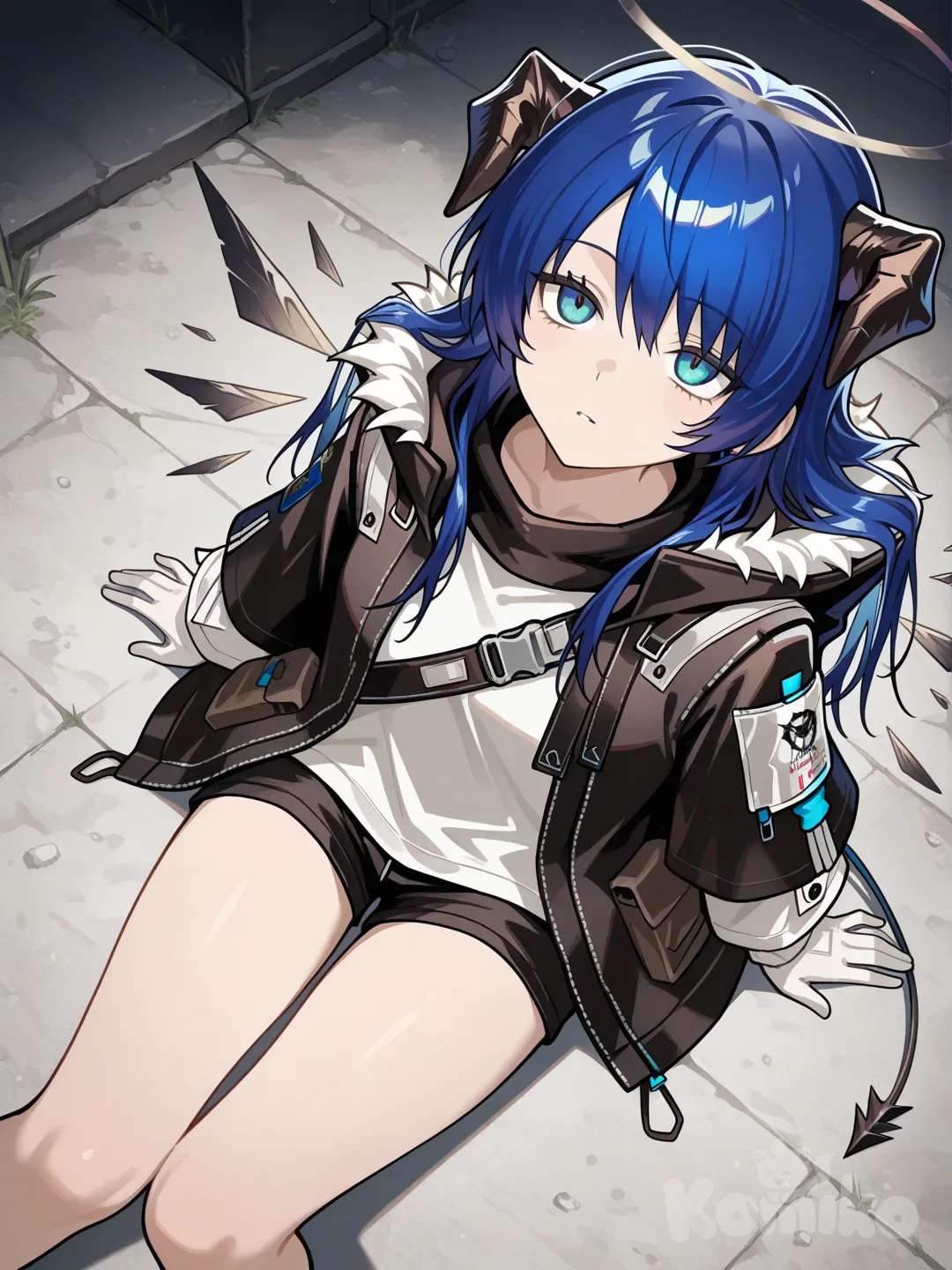 @Mostima_(Arknights), sitting on the ground, bird's-eye view