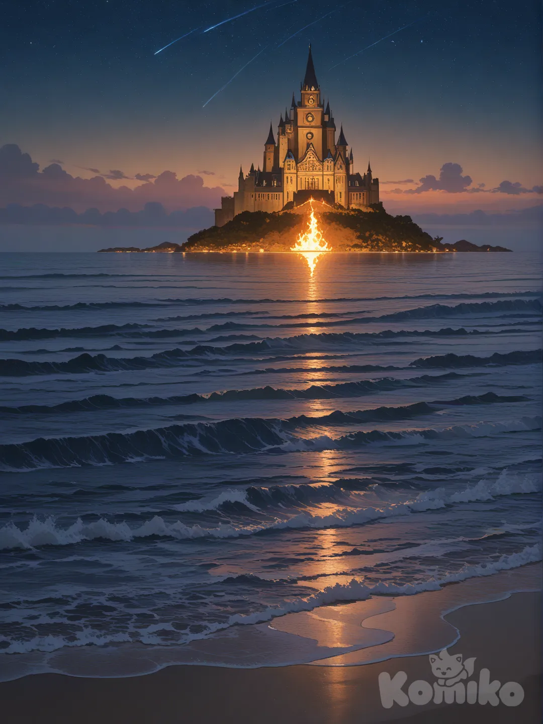 Grande castelo de Ouro♦️ , numa praia anoite iluminada por tochas