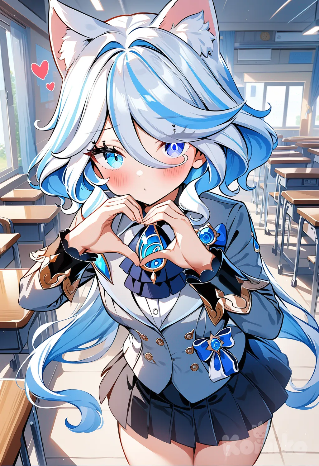 Furina (), school , [high-gloss-illustration-style], blush, Furina (), Aether (), Genshin Impact, cat ears, lace, Furina (Genshin Impact), 1girl, heart hands, corsage, looking at viewer, classroom, school uniform, pleated skirt