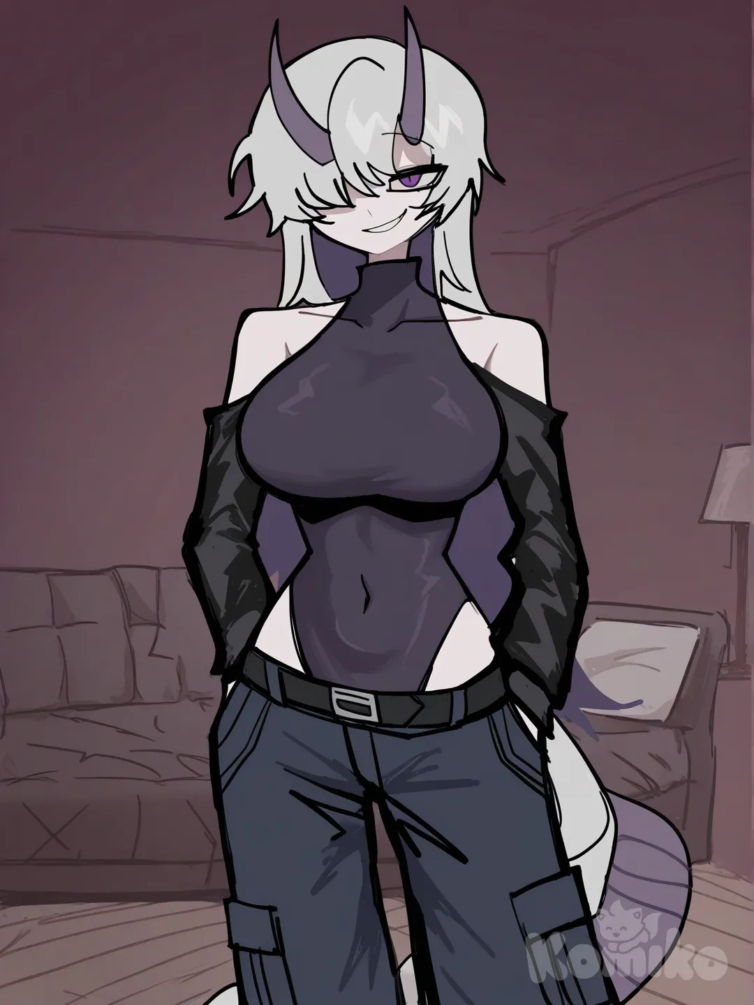 1girl, light grey hair, dark purple inner hair, purple eyes, x-shaped pupils, layered clothes, dark blue leotard, looking at viewer, long hair, dark blue pants, cargo pants, dark purple horns, standing, streetwear clothes, black belt, highleg high neck leotard with black sleeves, oni horns, large breasts, tactical pants, (no jackets), big dragon tail, shoulder cutout, living room, on bed, covered collarbone, one eye covered, front view, purple nails, hands in pockets, smirk, small waist, [pop-sketch-style]