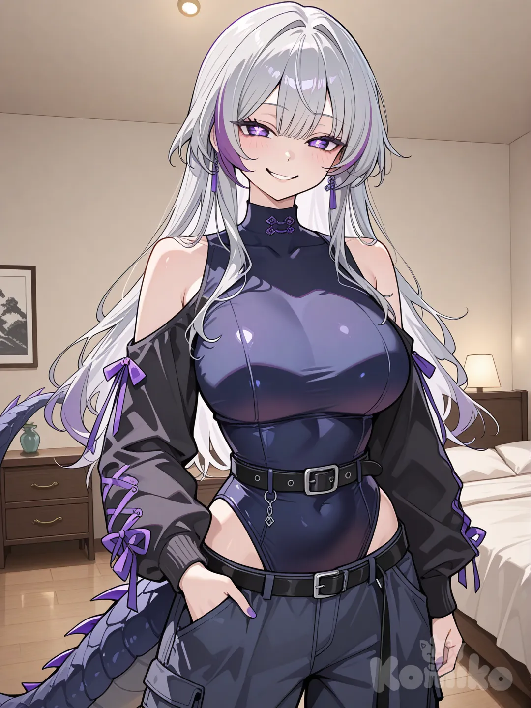 1girl, light grey hair, dark purple inner hair, purple eyes, x-shaped pupils, layered clothes, dark blue leotard, looking at viewer, long hair, dark blue pants, cargo pants, standing, streetwear clothes, black belt, highleg high neck leotard with black sleeves, large breasts, ((no jackets)), big dragon tail, shoulder cutout, living room, on bed, covered collarbone, front view, purple nails, left hand in pockets, evil smile, sketch, lineart, qipao