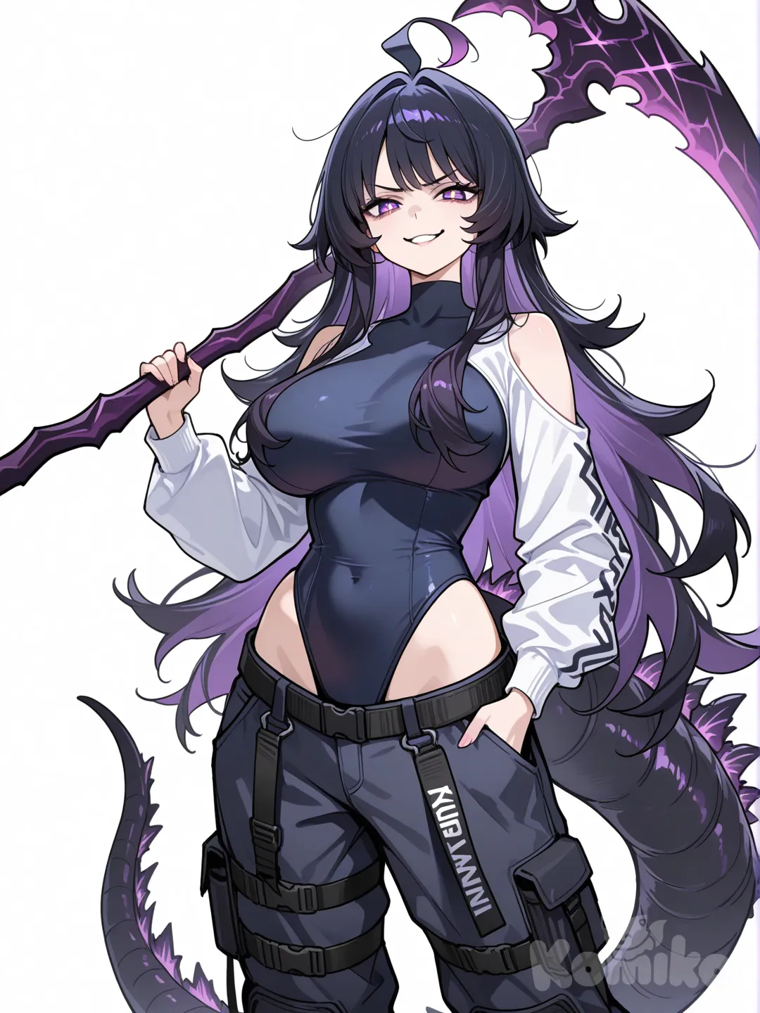 1girl, black hair, dark purple inner hair, purple eyes, x-shaped pupils, layered clothes, dark blue leotard, looking at viewer, long hair, dark blue pants, cargo pants, standing, streetwear clothes, highleg high neck leotard with sleeves, large breasts, ((no jackets)), godzilla tail, shoulder cutout, covered collarbone, front view, evil smile, white background, very long hair, angry, evil smile, hair over breasts, cowlick, official art, tactical pants, sketchbook, hand in pocket, holding scythe