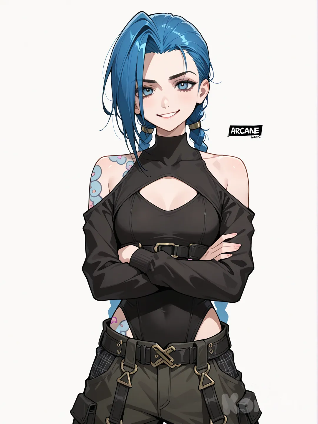 1girl, layered clothes, looking at viewer, black cargo pants, standing, streetwear clothes, ((no jackets)), covered collarbone, front view, white background, smile, tactical pants, upper body, black leotard with black long sleeves, crossed arms, shoulder cutout, cleavage cutout, modern clothes, alternate costume, @Arcane_Jinx