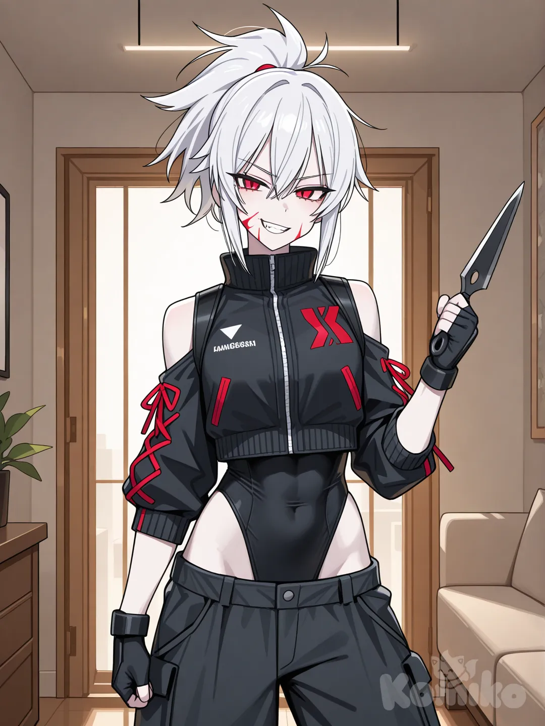 fierce modern female fighter, white hair with red streaks in a messy high ponytail, glowing red eyes, pale skin, confident grin showing small fangs, black high-leg leotard under a cropped black jacket, loose black cargo pants with red details, fingerless gloves, detached cross-laced sleeves, shoulder cutout, holding a short blade or kunai in one hand, standing in a modern apartment or living room with daylight, manga cover composition, alternate costume, athletic and toned body, [toon-shaded-style], soft natural lighting, clean anime linework, confident and playful attitude, slight red smudge on cheek, realistic modern atmosphere (no sci-fi elements).