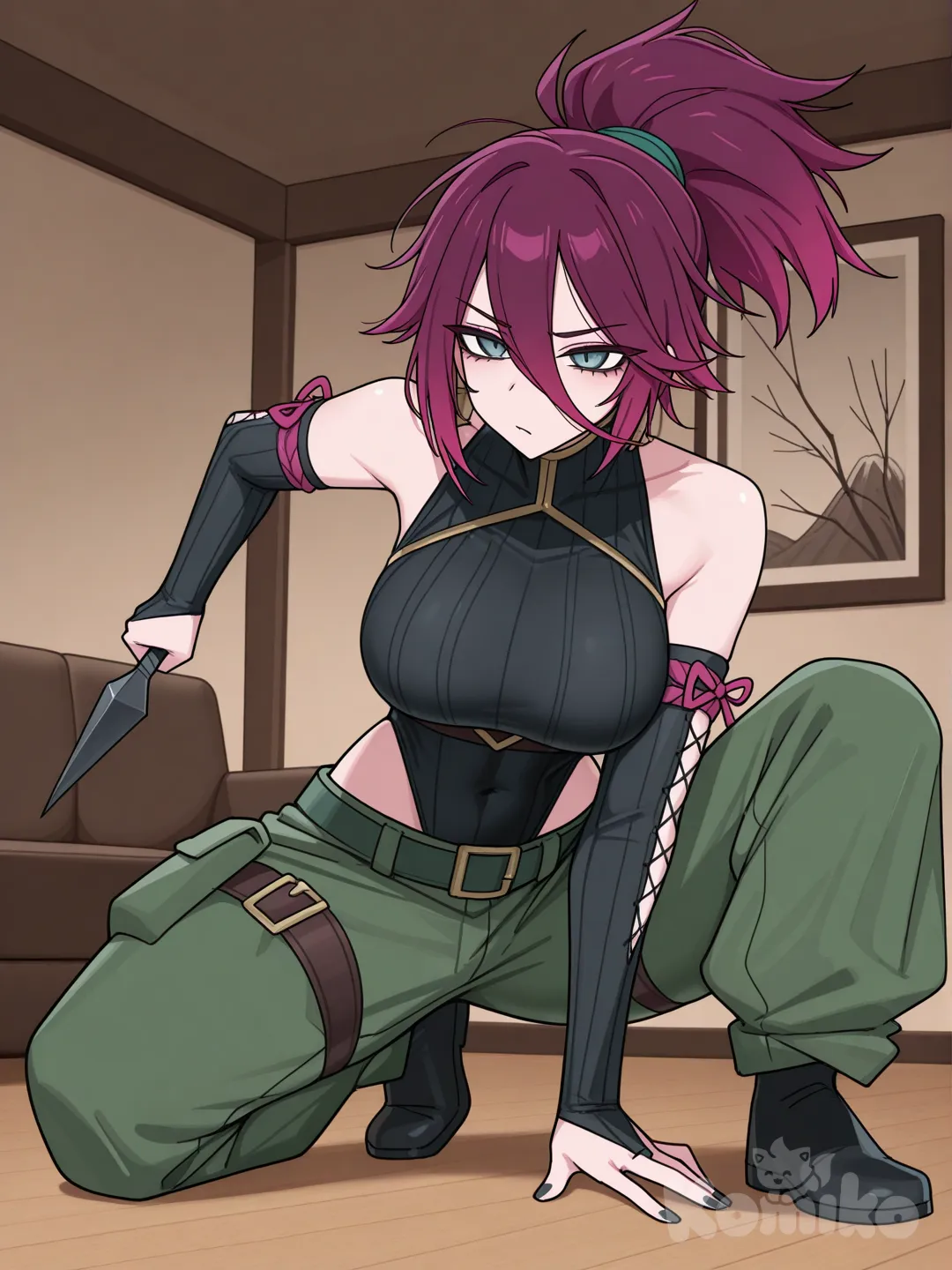 @Akali, black highleg leotard, cargo pants, living room, elbow gloves, detached sleeves, shoulder cutout, right hand holding kunai, manga cover, fusion, @Briar_(League_Of_Legends), alternate costume, large breasts, cross-laced sleeves, on one knee, [toon-shaded-style], left hand on ground