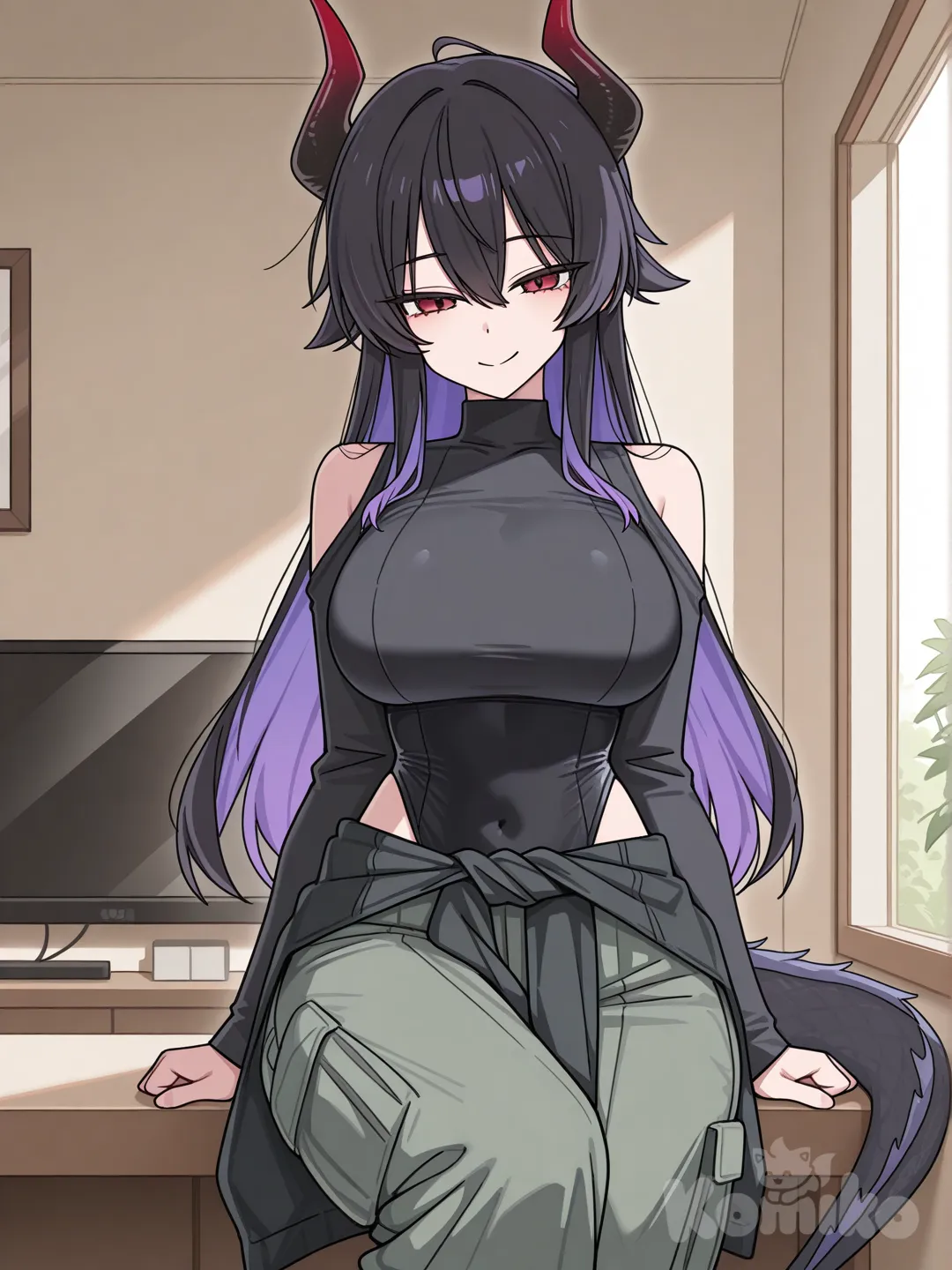 1girl, red eyes, black highleg leotard, cargo pants, living room, shoulder cutout, large breasts, two-tone hair, black hair, purple hair tips, black jacket around waist, front view, smile, long sleeves, windowsill, left knee up to chest, long hair, cowlick, dragon tail, [toon-shaded-style], dragon horns, tight clothes, front view, scythe