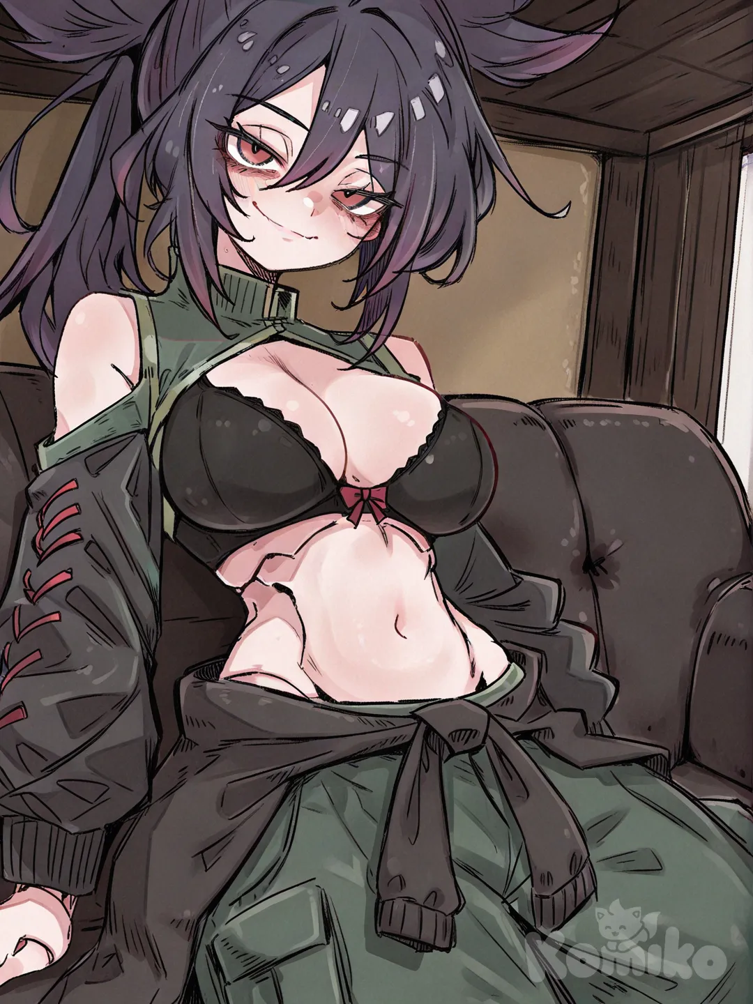 Akali, red eyes, cargo pants, living room, shoulder cutout, large breasts, cross-laced sleeves, two-tone hair, black hair, purple hair tips, black jacket around waist, front view, seductive smile, sketch, doll joints, [soft-wash-sketch-style], expressive eyes, bow bra, shrug (clothing)