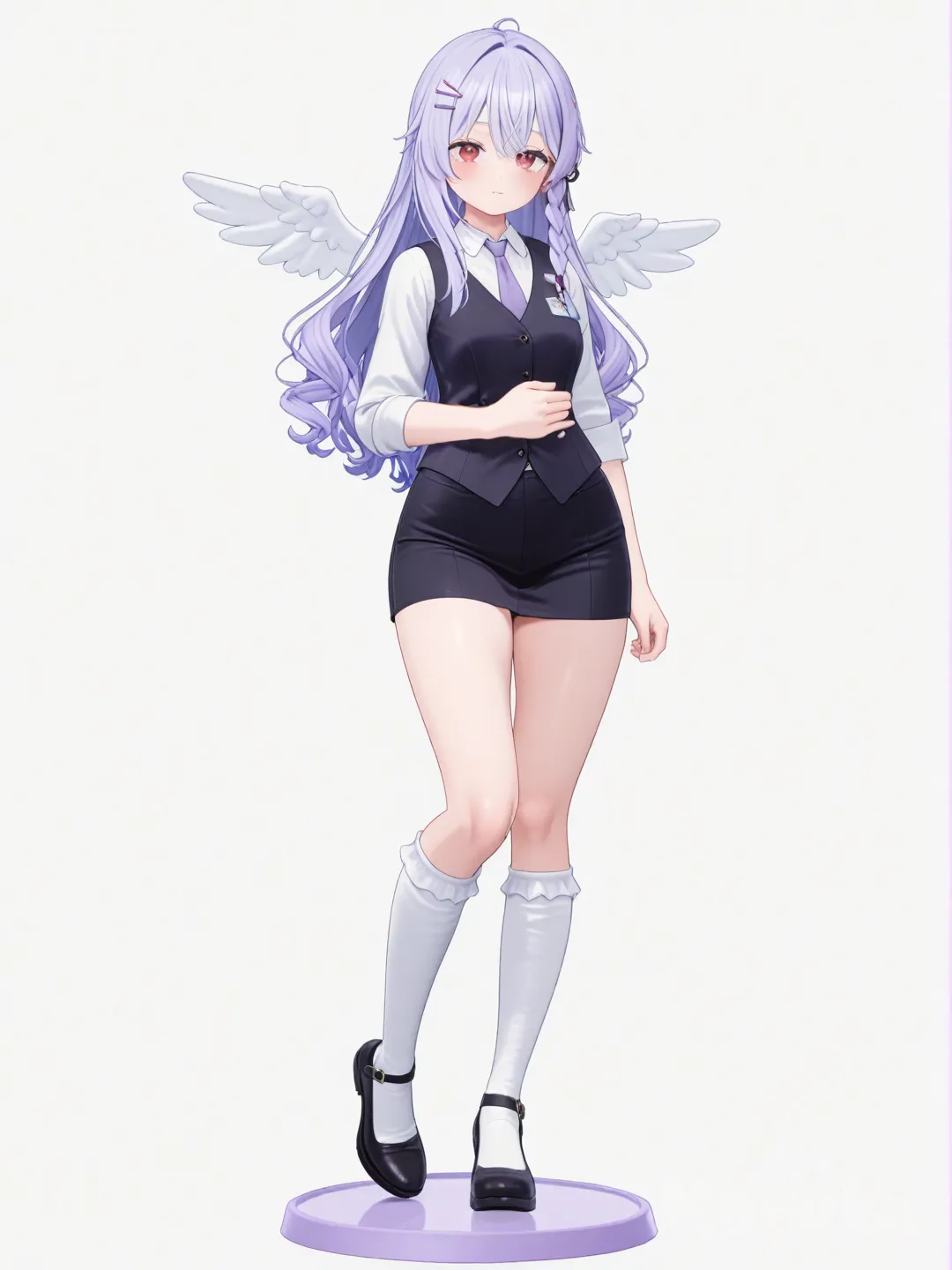 [3d-anime-style] 1girl, angel, figurine, anime_coloring, pastel_colors, mature, slim, curvy, tall, petite, blue_hair, purple_hair, braids, long_hair, red_eyes, vest, pencil_skirt, lace, hair_accessory, hairpin, tie, knee_high_socks, single_character, full_body, looking_at_viewer, anime_style, simple_background, white_background