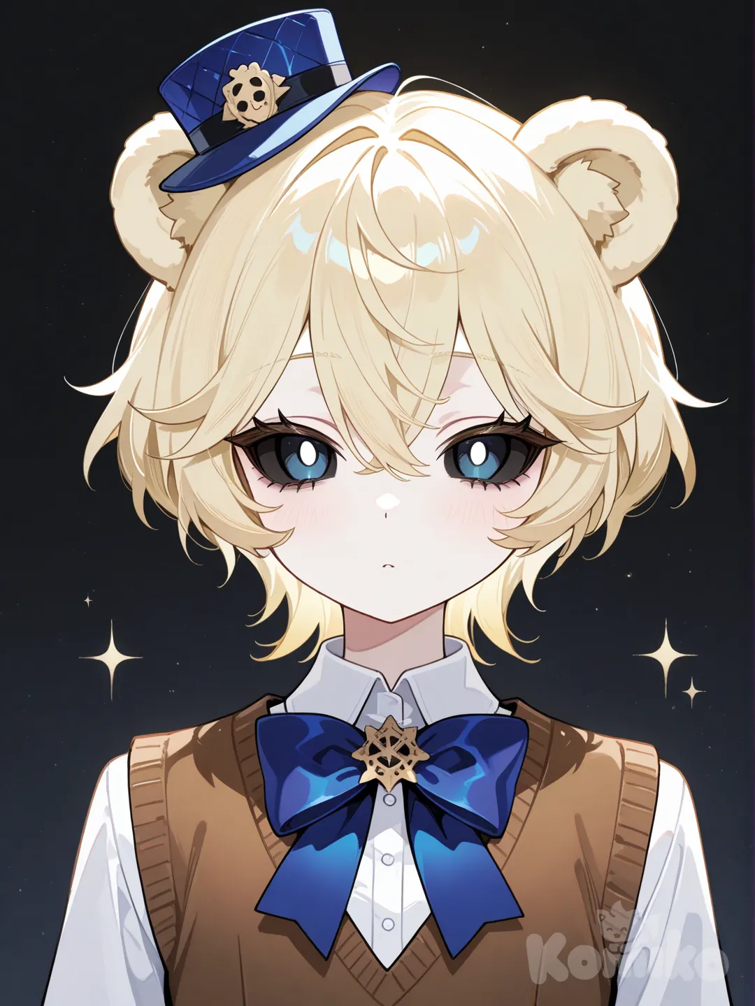 A girl with white skin, round bear ears, short blonde hair, black sclera and white pupils, her outfit consists of a small tilted blue hat, a blue bow tie and a brown vest over a white shirt