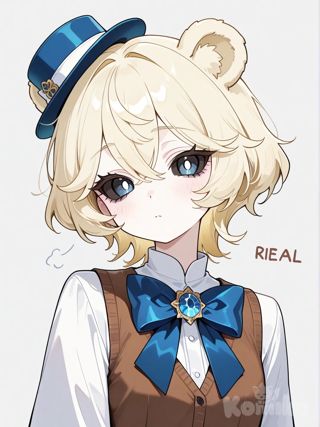 A girl with white skin, round bear ears, short blonde hair, black sclera and white pupils, her outfit consists of a small tilted blue hat, a blue bow tie and a brown vest over a white shirt
