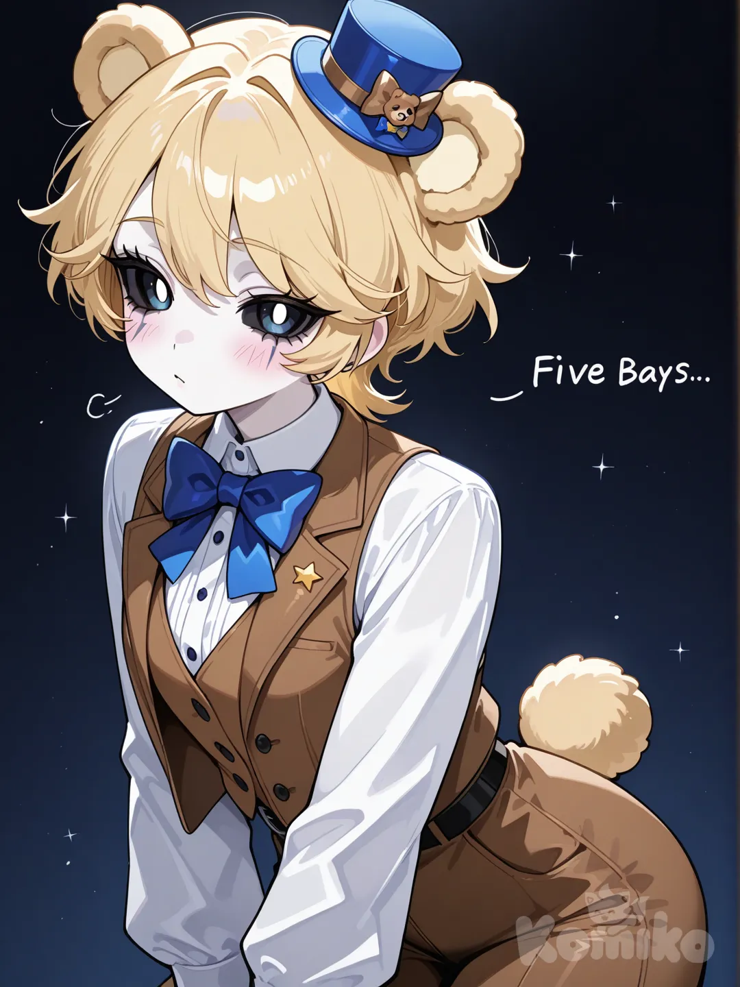 A girl with white skin, round bear ears, a round bear tail, short blonde hair, totally black eyes and white pupils, like the iconic Five Nights at Freddy's outfit consisting of a small tilted blue hat, a blue bow tie and a brown vest over a white shirt.