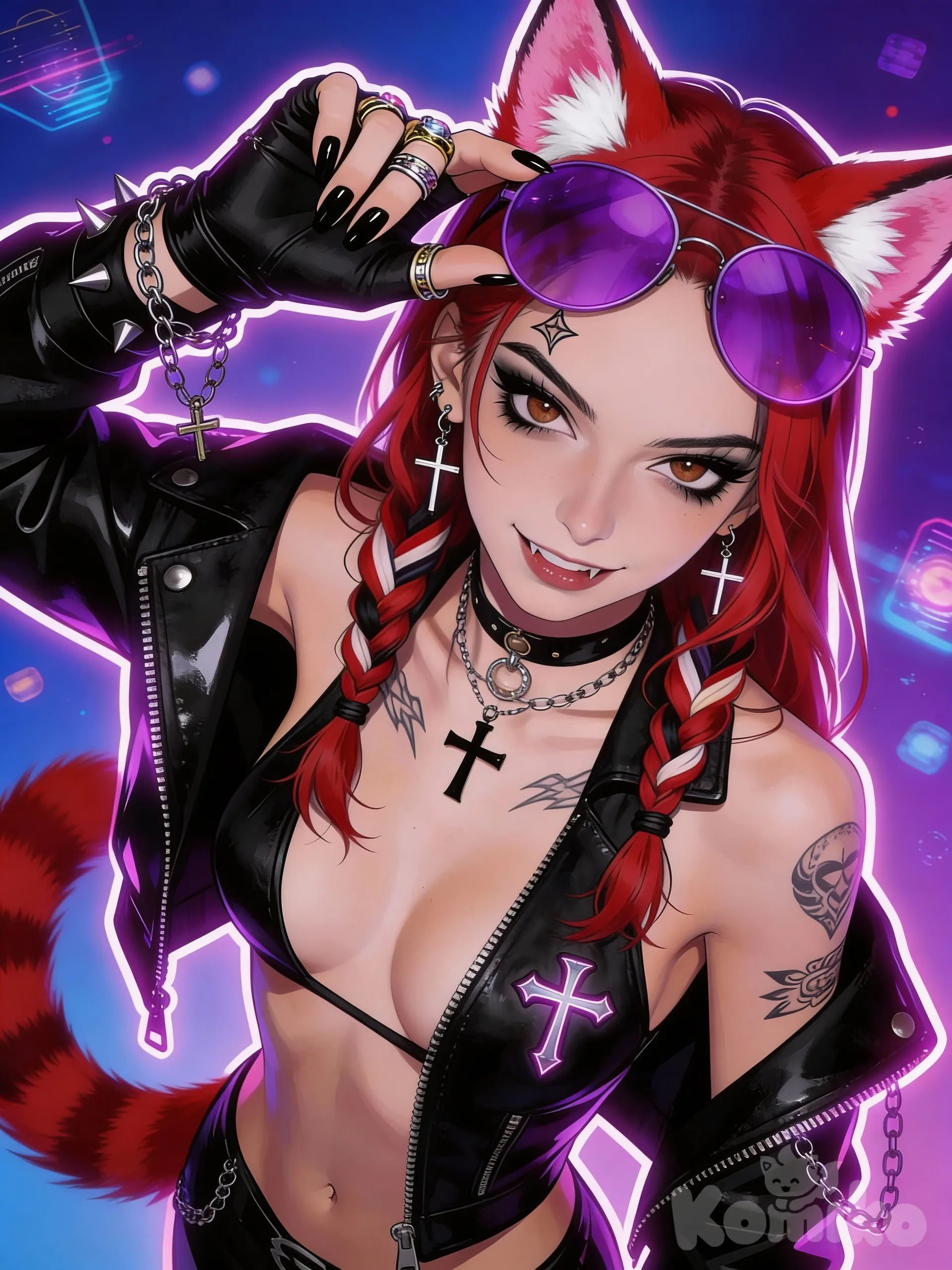 dynamic background, ((brown eyes)), ((brown eyes)),

1girl, 
((black eyeliner, black eyeshadow)),(wavy hair), ((red hair)), striped hair, (double braids), ((parted bangs)), ((hair over shoulders)), (((brown eyes))), (black eyebrows), (lips), ((animal ears, raccoon ears, red ears)), pink inner ears, animal_ear_fluff, ((white fluff,white fluff)), (big breasts), (skinny), (raccoon tail, red tail, striped_tail), red ears, ((brown eyes)),

Smile, solo, hand up, upper body, closed mouth, leather, cross, inverted cross, gloves, earrings, jewelry, black gloves, jacket, open clothes, sunglasses, blue background, grin, round eyewear, portrait, evil smile, female focus, black jacket, chain, fingerless gloves, facial tattoo, tattoo, tinted eyewear, smirk, multiple rings, purple background, facial mark, piercing, forehead mark, leather jacket, looking over eyewear, cross earrings, black nails, purple-framed eyewear, arm tattoo, pink-tinted eyewear, forehead tattoo, purple-tinted eyewear, hand tattoo