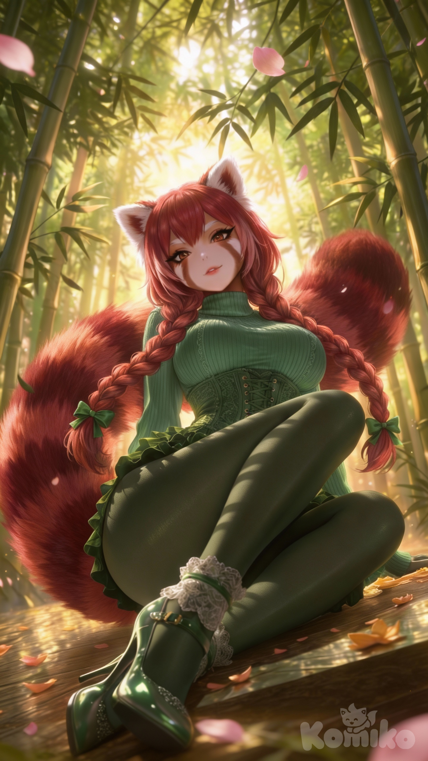 A digital illustration of a beautiful anthropomorphic red panda woman with human face, she is sitting elegantly in a sunlit bamboo forest. She has vibrant reddish-brown fur and hair styled into two thick braids resting on her shoulders, tied with green ribbon bows. She has fluffy red panda ears with white tufts and a massive, luxurious tail curving behind her. Her face features white red-panda markings, warm brown eyes, and sharp black eyeliner.
​She is wearing a monochromatic emerald green outfit consisting of a tight ribbed turtleneck sweater, a laced underbust corset, and sheer green tights. On her feet are shiny green high-heels with frilly white lace ankle socks. The perspective is a low-angle shot looking slightly up at her. The background is a lush bamboo grove with dappled sunlight (komorebi) filtering through the leaves, creating a warm, magical atmosphere with floating petals. The art style is high-quality anime semi-realism with texture on the fur and clothing.