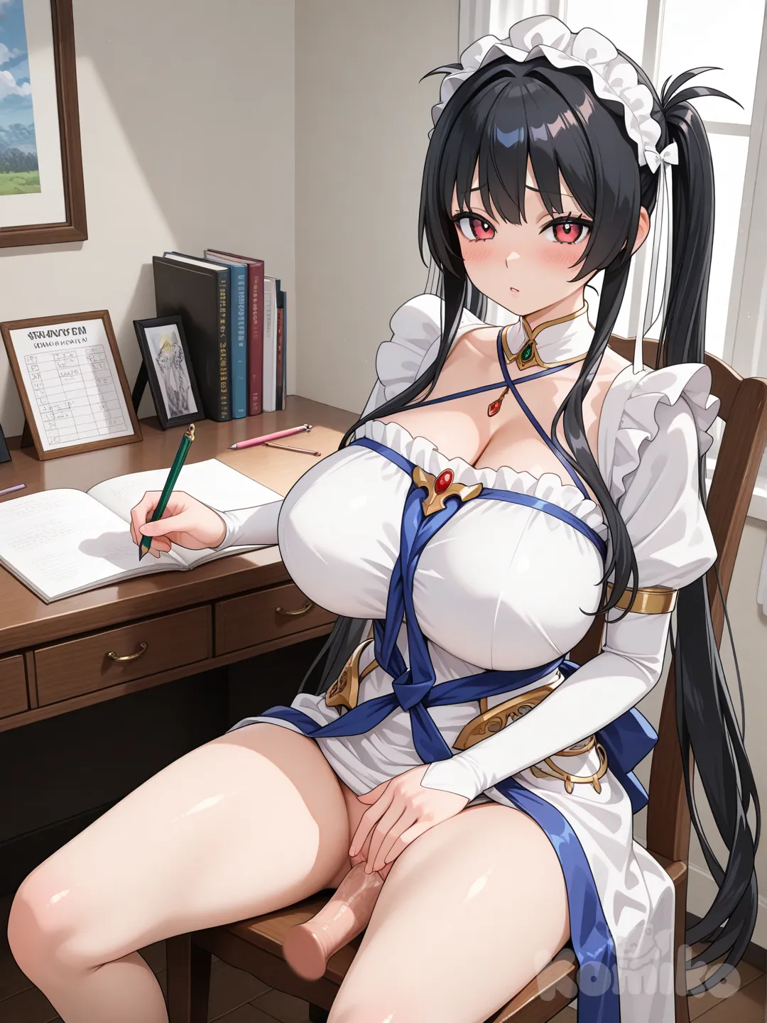 girl sword maiden | tsurugi no otome, hair tied in two pigtails, very long, straight, smooth, black, Hentai, 3D, very smooth, very long, very long, black, maid sex, big breasts, in the bedroom, sitting on a chair at a desk, copying notes.