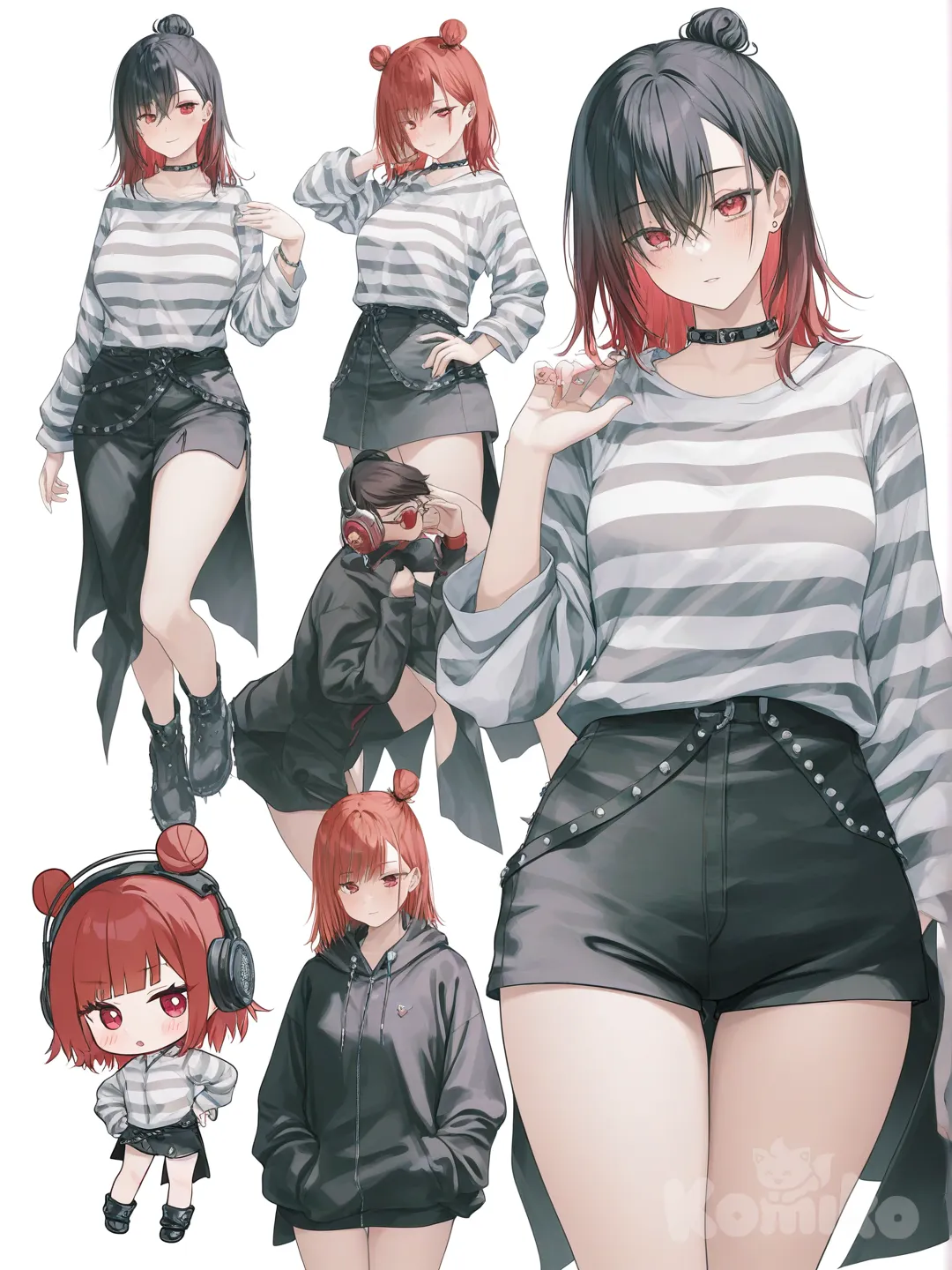 [soft-pastel-style] 1girl, jujutsu_kaisen_(style), mature_female, curvy, petite, scrawny, black_hair, red_hair, bun, red_eyes, fair_skin, striped_shirt, studs, headphones, single character, full body, looking at viewer, anime style, simple background, white background