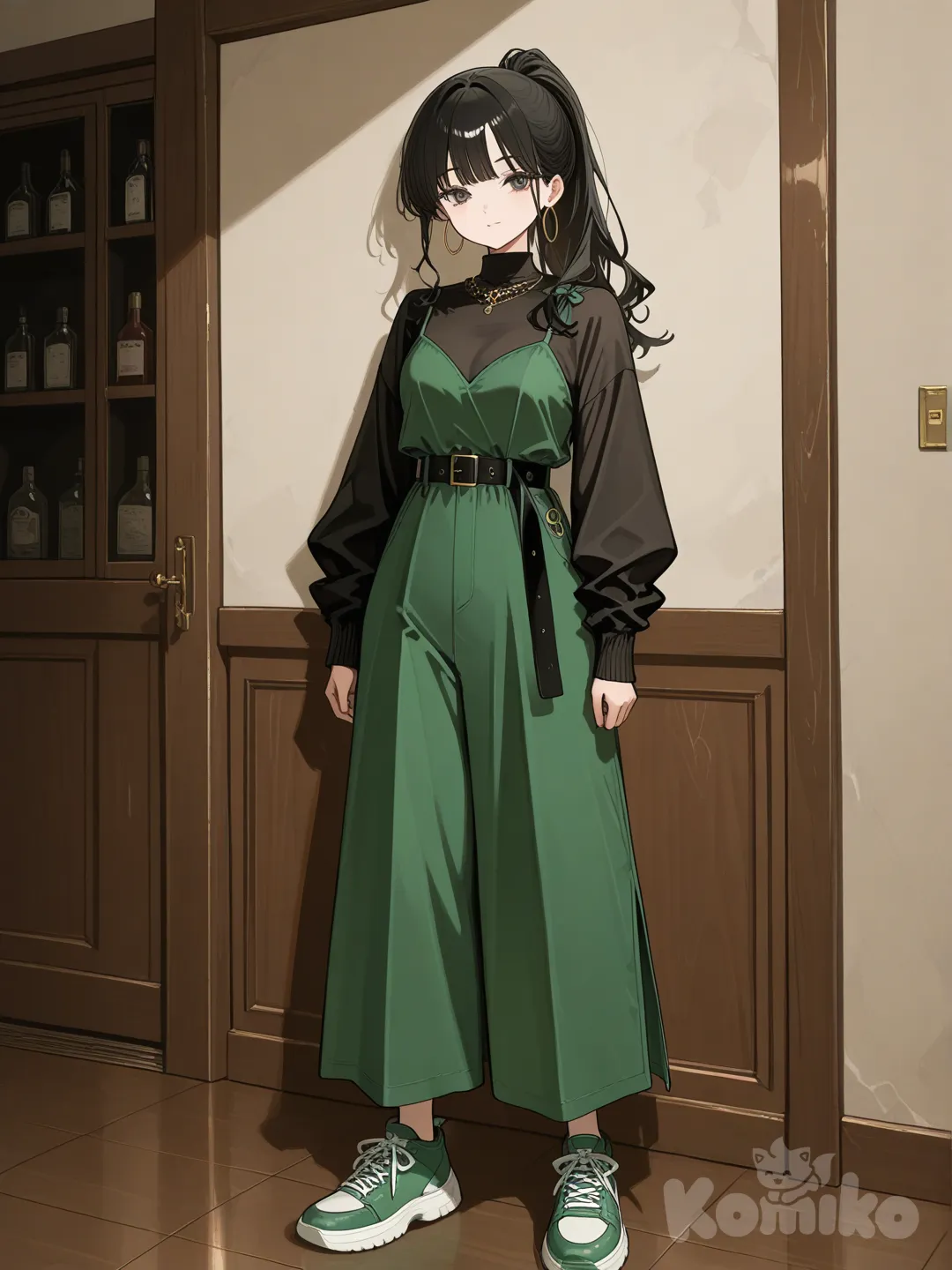 oyuka, black hair, long hair, hair pulled back, jewelry, hoop earrings, green dress, black long sleeves, sleeves past wrists, black belt, green pants, green footwear