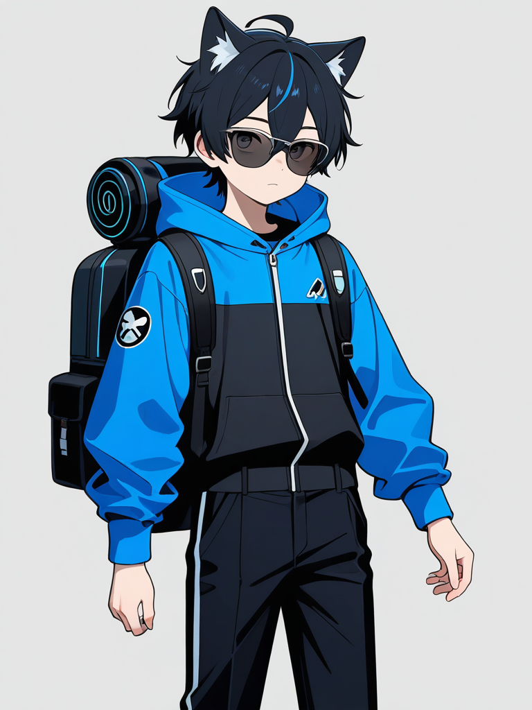 1boy, black_hair, cyan_eyes, catboy, black_sunglasses, neon, blue_jacket, tech_backpack, single_character, full_body, looking_at_viewer, anime_style, simple_background, blue_laser, neon_background, white_background