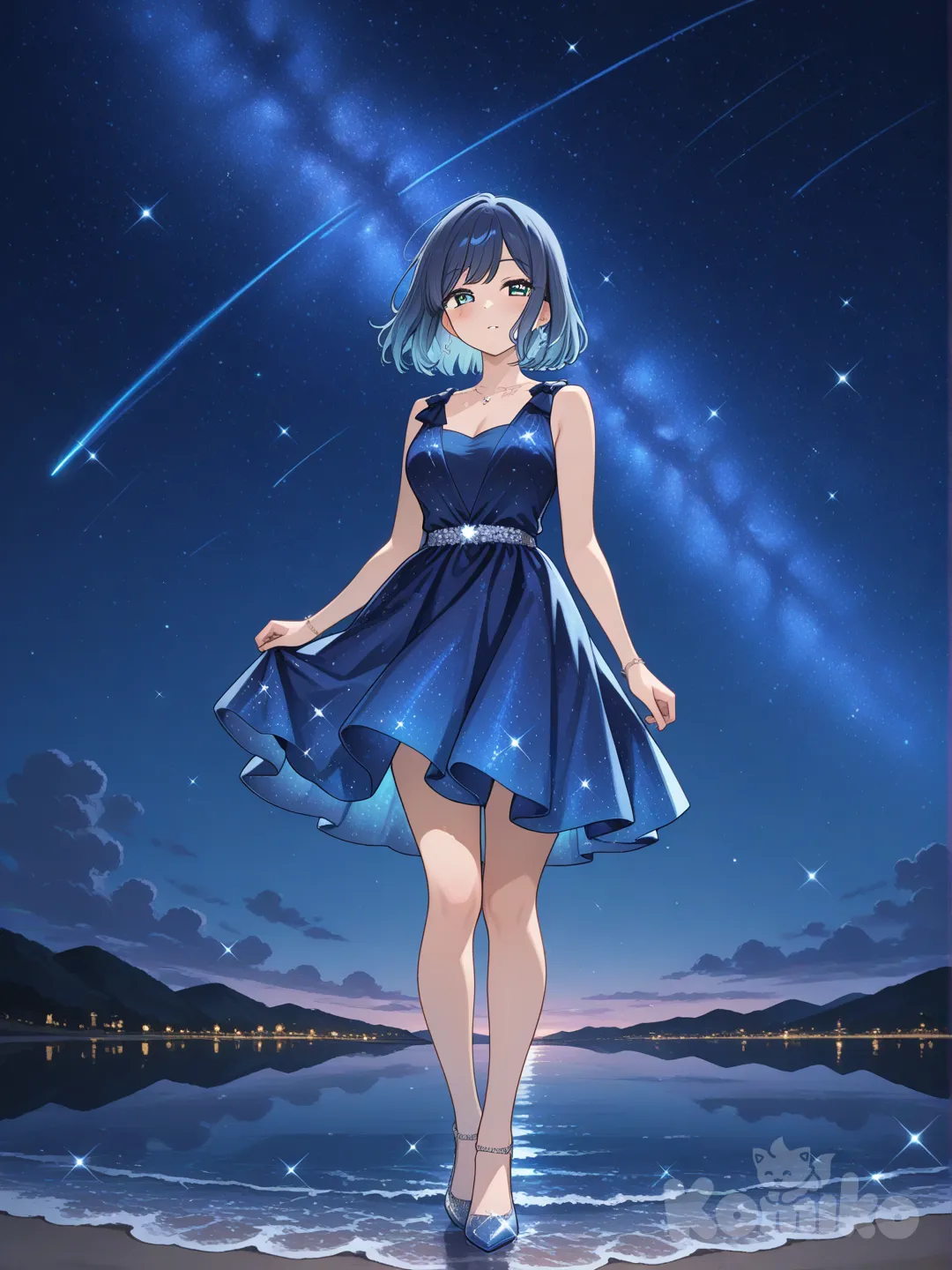 Kurokawa akane, blue sparkling dress, medium breasts, night sky