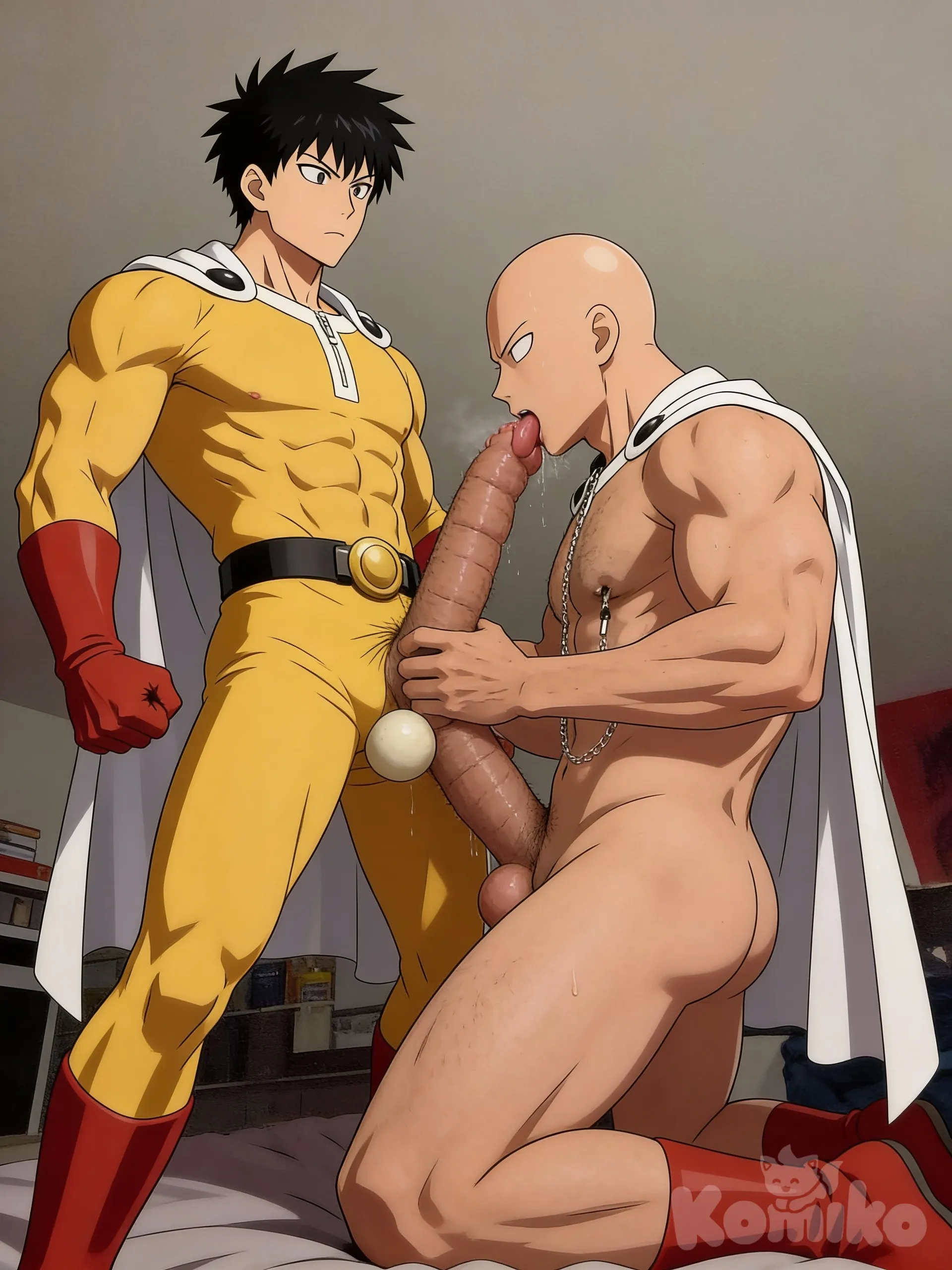 Gay sex, all body, big dick, and norrmal balls, bara hentai, muscle big men fucking, kageyama shigeo, saitama (one-punch man), blowjob, IMG_20251230_172626_610