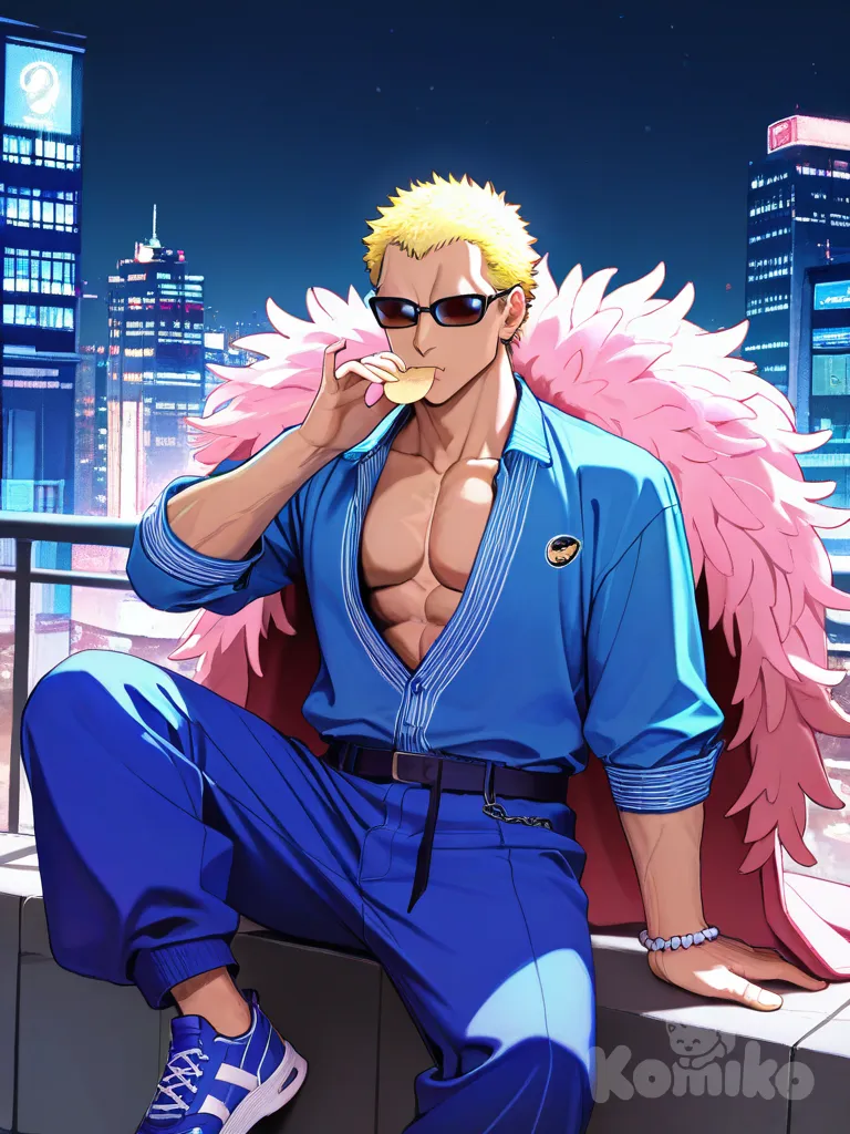 Donquixote Doflamingo, eating potato chips, flat color, vibrant color, sunglasses,baggy pants, baggy clothes, city lights, cityscape,1man