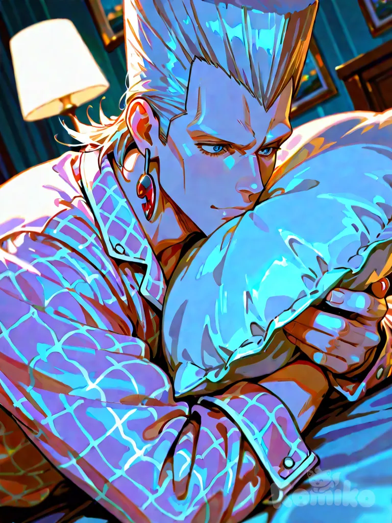 jean pierre polnareff, vibrant atmosphere, vibrant color, highlights, pillow hug, pajamas, cinematic lighting, background, 1boy