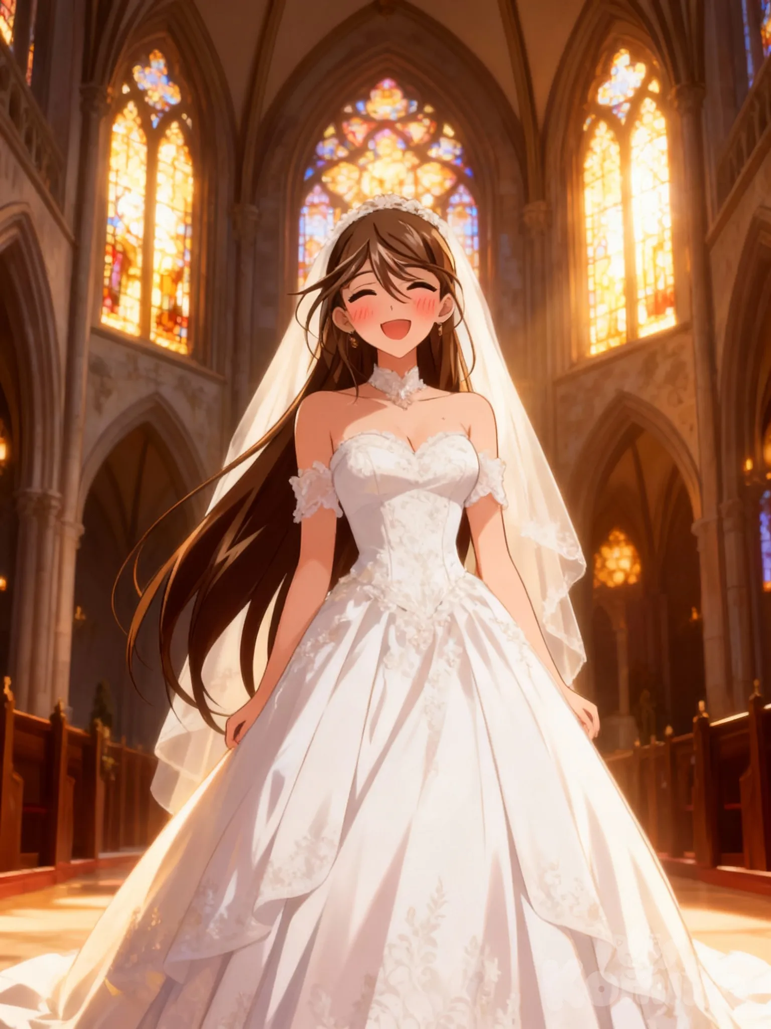 katerea colocale un vestido de novia, fondo de un iglesia con un sonrojo de enamorada