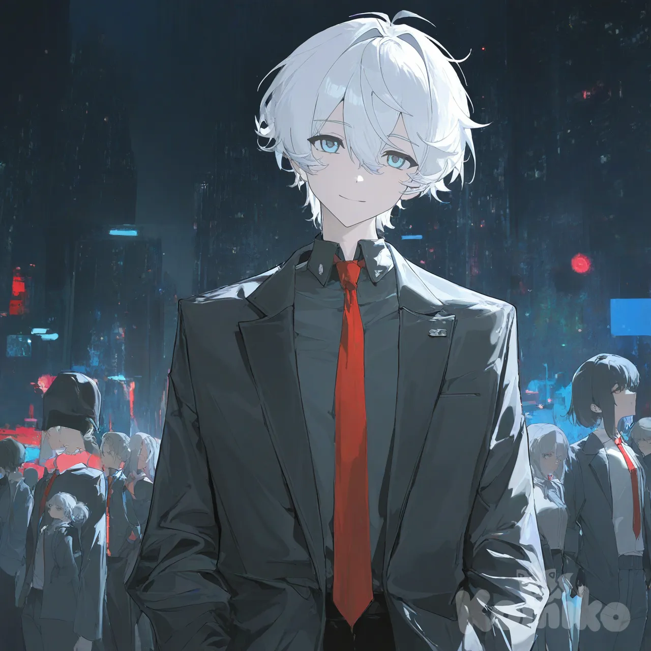 confident, young man, white hair, light blue eyes, wearing black suit, unbuttoned suit, red tie, waist up, dark city background, colorful lights,Comma Hair, urban atmosphere, hands in pockets, anime screencap, lineart, [desaturated-illustration-style] , 1boy, head tilt, smile