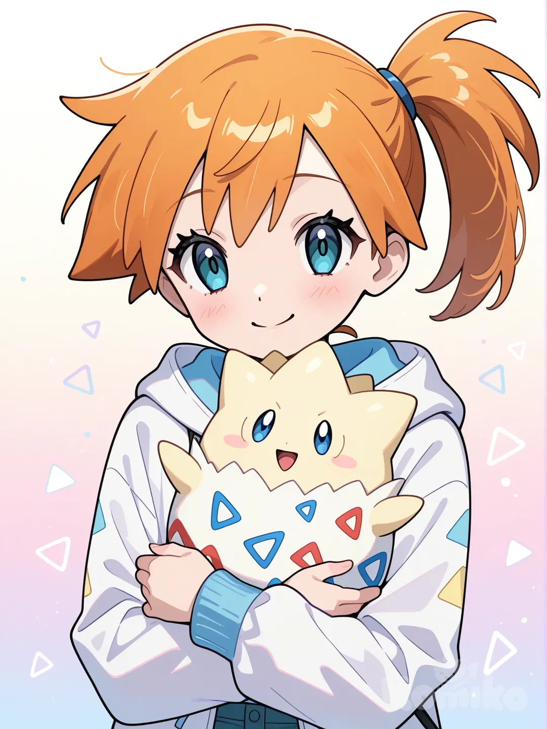 misty (pokemon), Misty from Pokémon, wearing a cute Togepi-themed outfit, wholesome and child-friendly. High-quality anime style faithful to the original Pokémon anime. The costume is inspired by Togepi: white base with colorful red and blue triangle patterns, soft egg-shaped hoodie, pastel tones, cozy and playful design. Misty is smiling happily while gently holding Togepi in her arms. Clean lineart, vibrant colors, soft lighting, shading, studio anime illustration, official Pokémon aesthetic, cute, innocent, [glossy-anime-style]