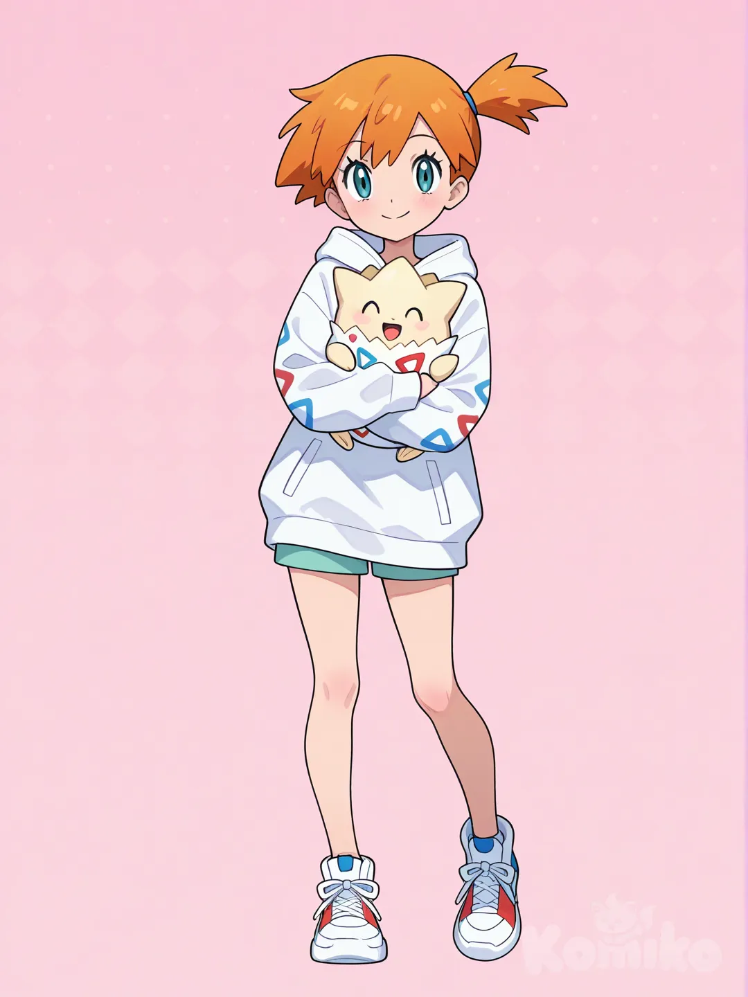 Fullbody image of Misty from Pokémon, wearing a cute Togepi-themed outfit, wholesome and child-friendly. High-quality anime style faithful to the original Pokémon anime. Stand up pose, The costume is inspired by Togepi: white base with colorful red and blue triangle patterns, soft egg-shaped hoodie, pastel tones, cozy and playful design. Misty is smiling happily while gently holding Togepi in her arms. Clean lineart, vibrant colors, soft lighting, shading, studio anime illustration, official Pokémon aesthetic, cute, innocent