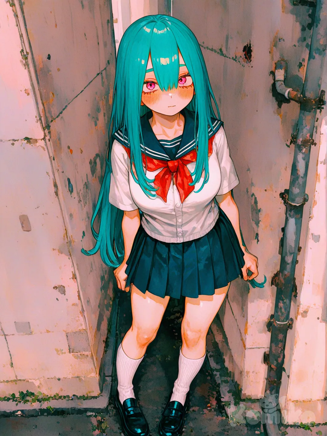 1girl, my hero academia, ua high school uniform, tall, healthy, teenager, long hair, straight hair, aqua blue hair, pink eyes, white skin, single character, full body, looking at viewer, light blush, [sweet-painting-style]